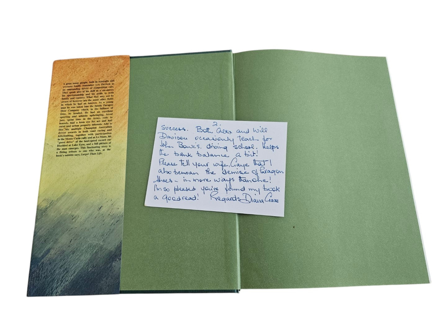 Automoto Bookshop rare Lex Davison Larger than Life biography with a handwritten note from Diana Gaze on green endpaper