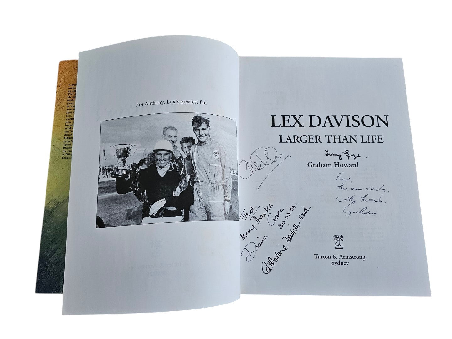 Automoto Bookshop rare Lex Davison biography signed by Graham Howard, Tony Gaze, Diana Gaze, and the Davison family.
