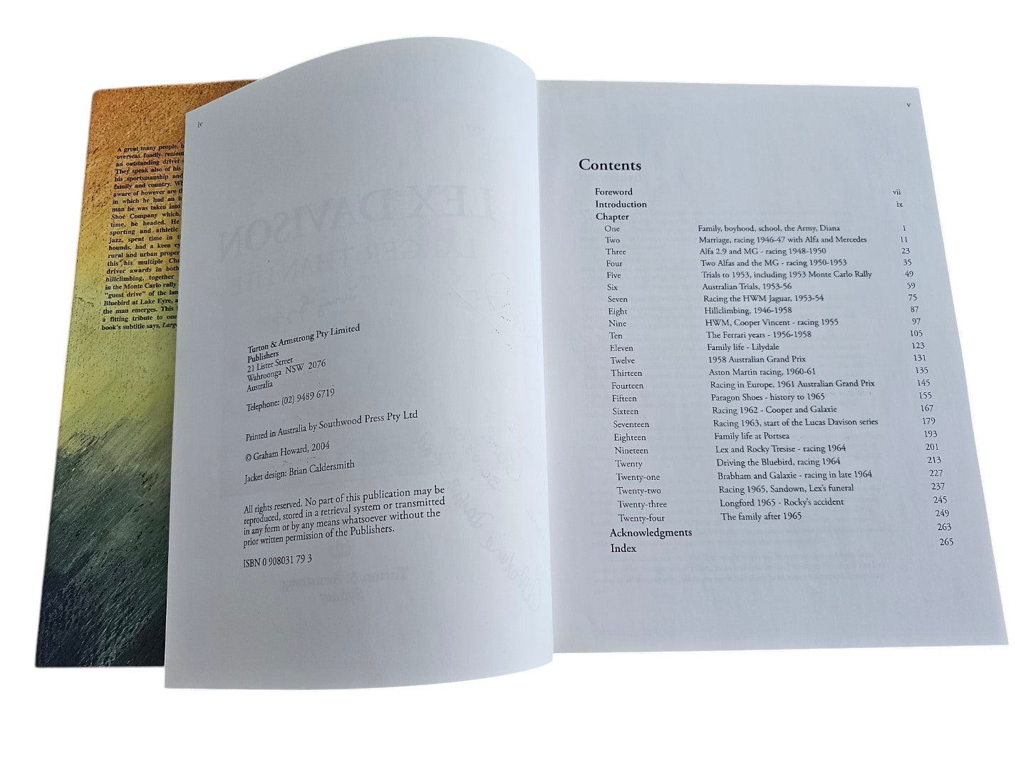 Automoto Bookshop Lex Davison biography contents page with multiple signatures on a white paper background