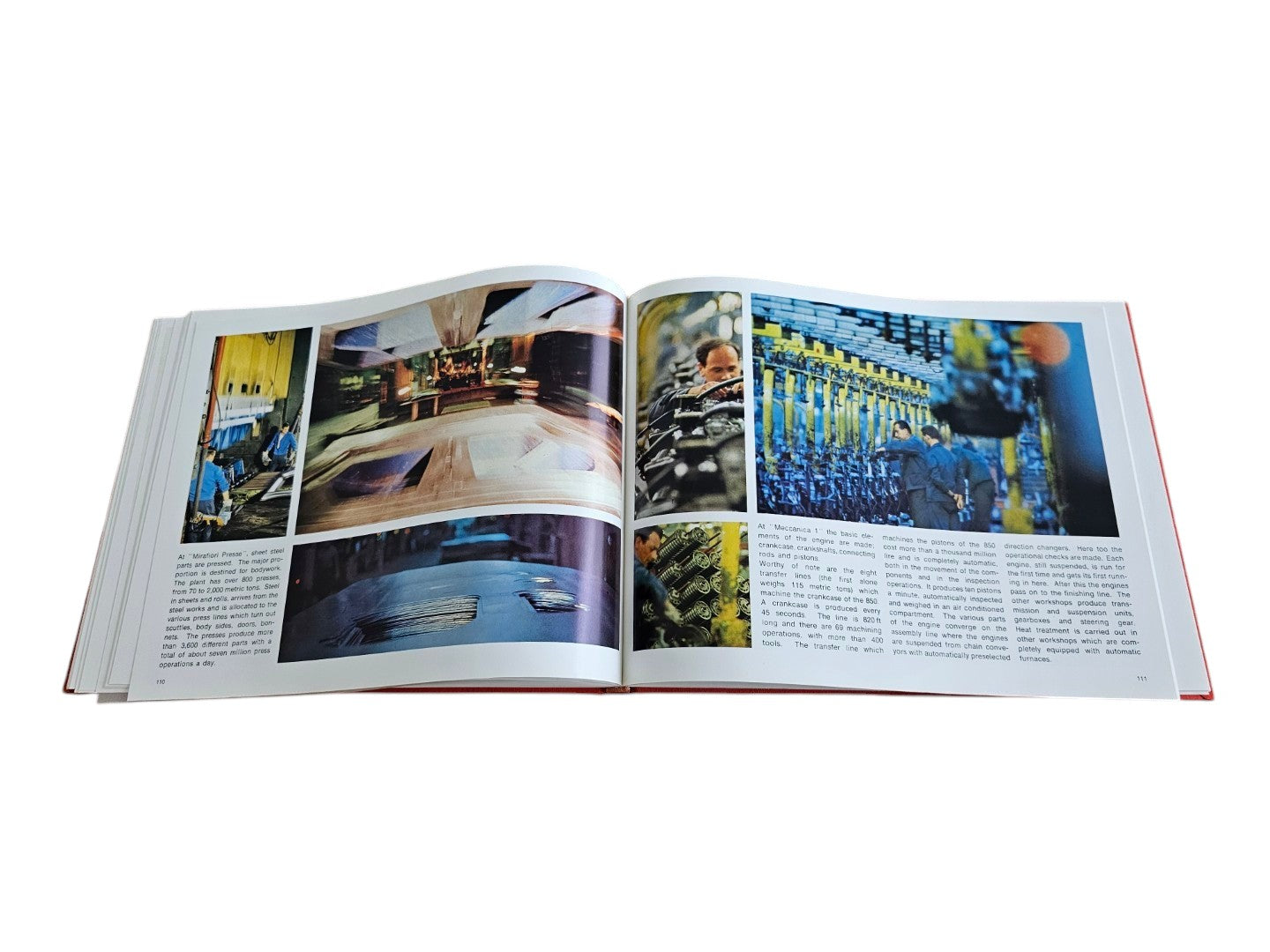 Automoto Bookshop Linea Fiat 1966 first edition hardcover book open to pages showing vintage factory assembly line photos