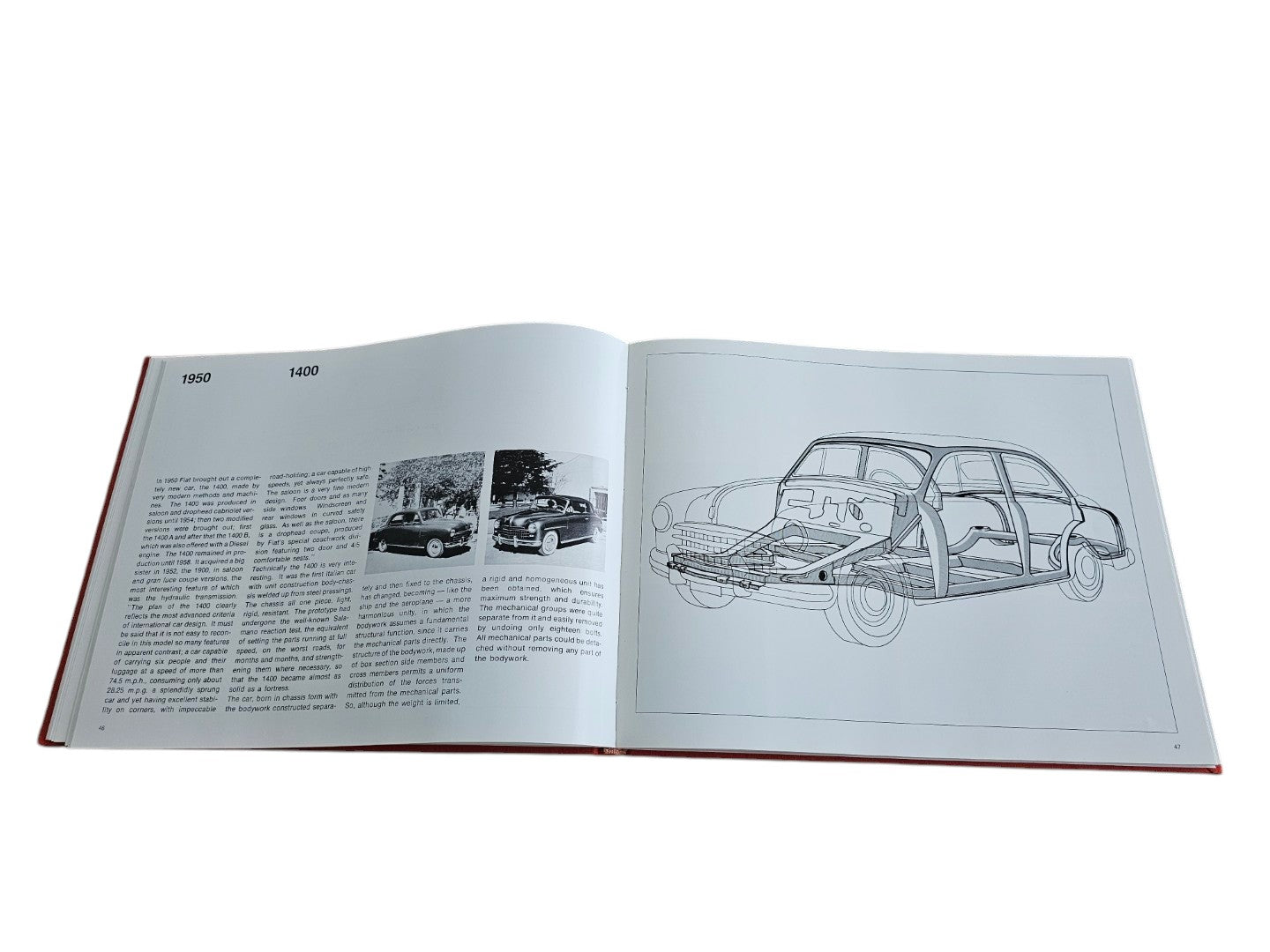 Automoto Bookshop Linea Fiat 1966 first edition open to a page showing technical illustrations of a 1950 Fiat 1400.