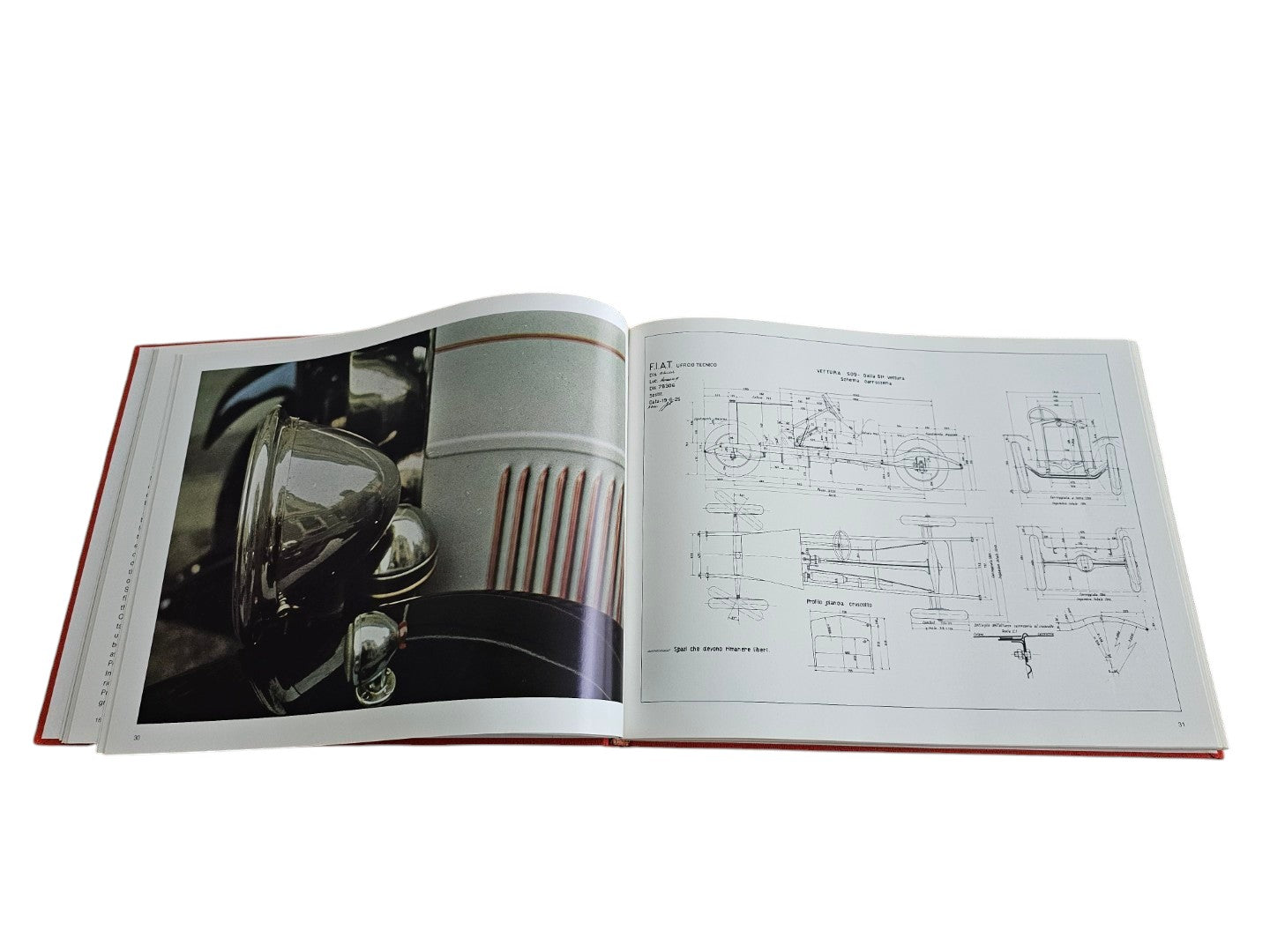 Automoto Bookshop Linea Fiat 1966 first edition open to a page showing vintage car photography and technical drawings