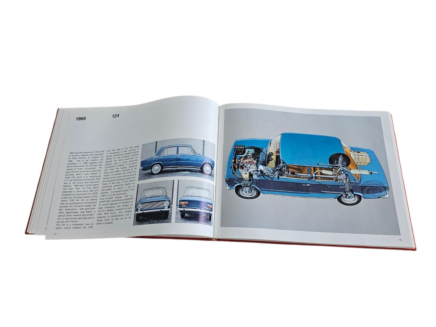 Automoto Bookshop Linea Fiat 1966 first edition hardcover open to page 124 showing technical car illustrations