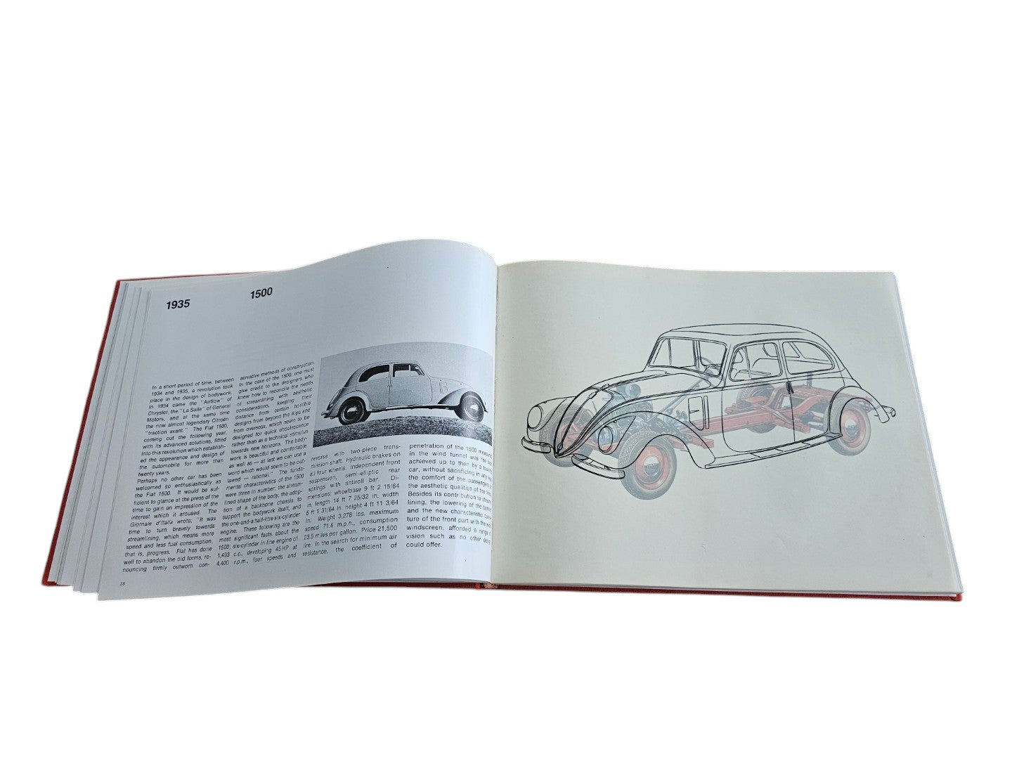 Automoto Bookshop Linea Fiat 1966 first edition hardcover book open to pages showing vintage car sketches and text
