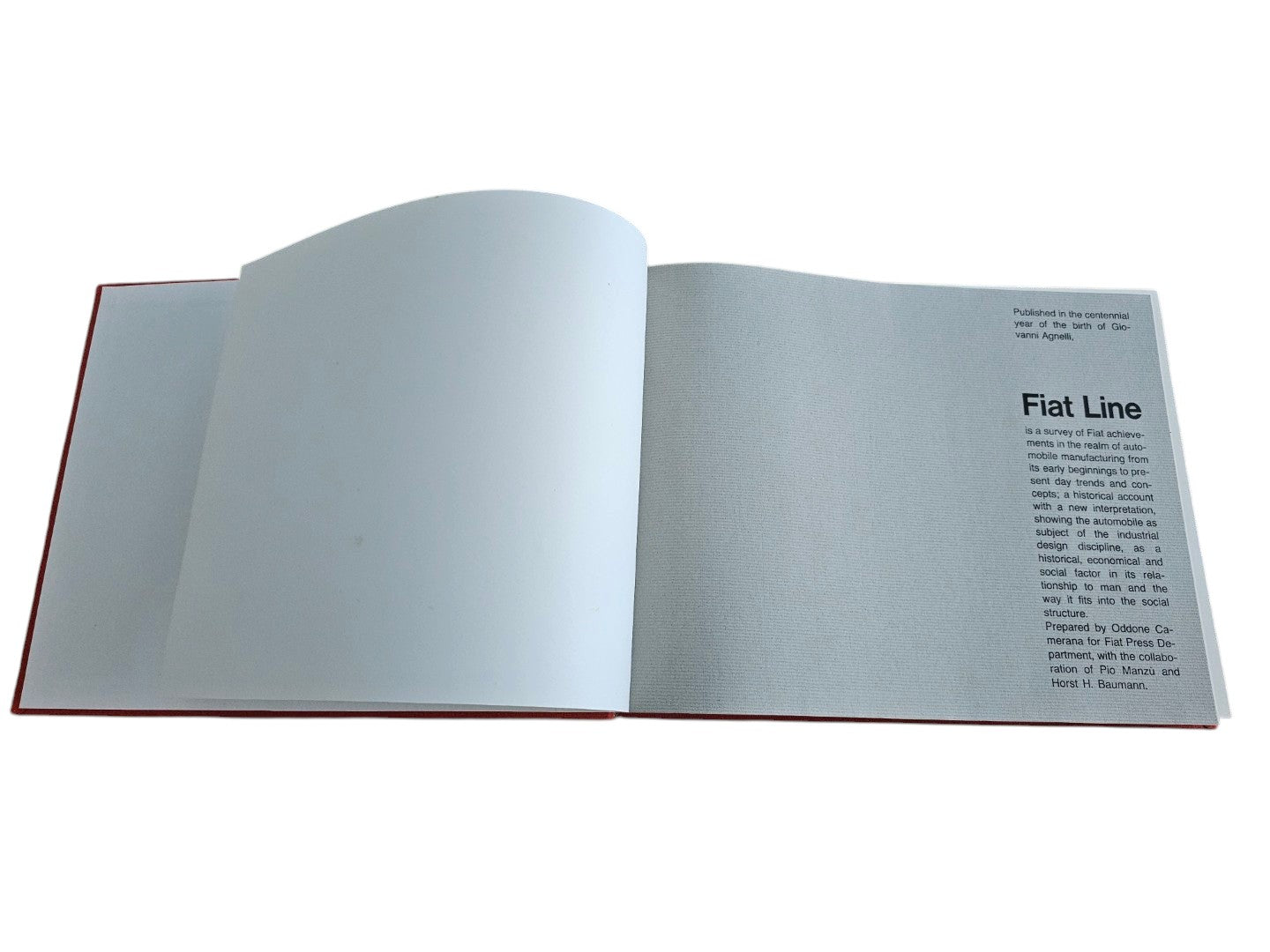 Automoto Bookshop Linea Fiat 1966 first edition hardcover book open to the title page with minimalist typography