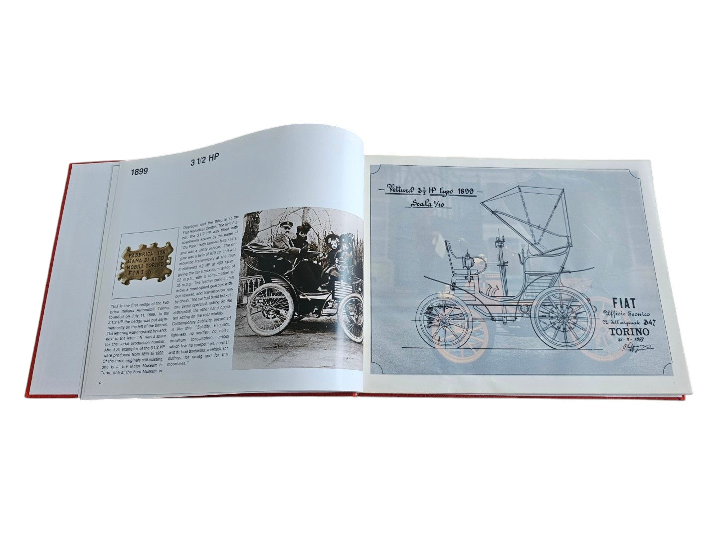 Automoto Bookshop Linea Fiat 1966 first edition hardcover open to pages showing vintage car sketches and history