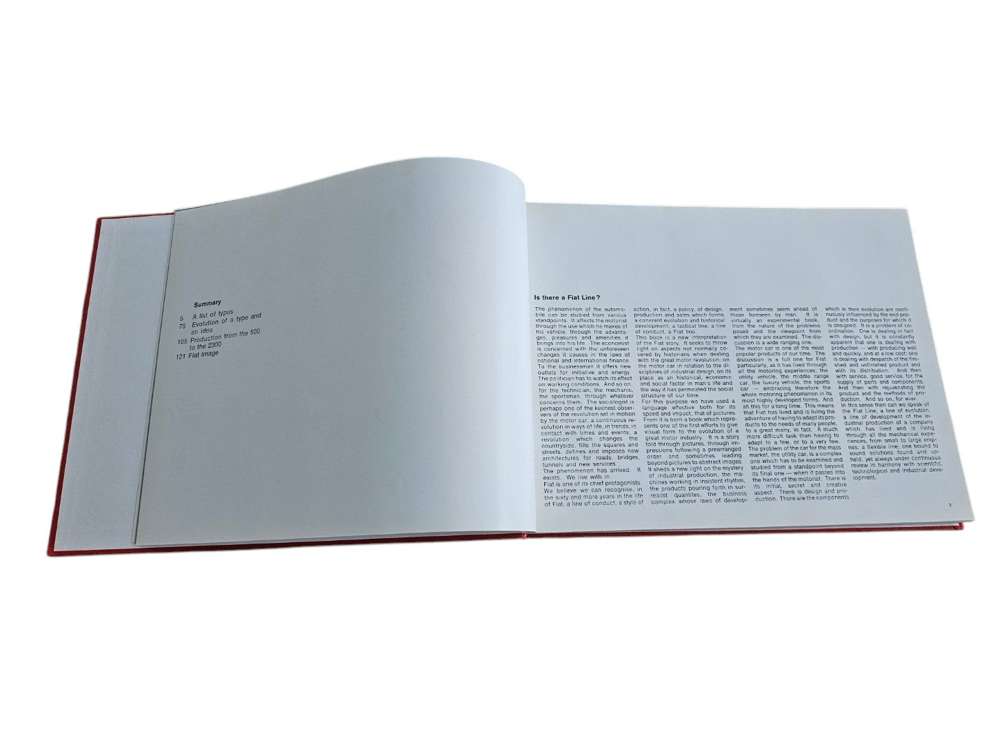 Automoto Bookshop Linea Fiat 1966 first edition hardcover book open to the table of contents and introduction page