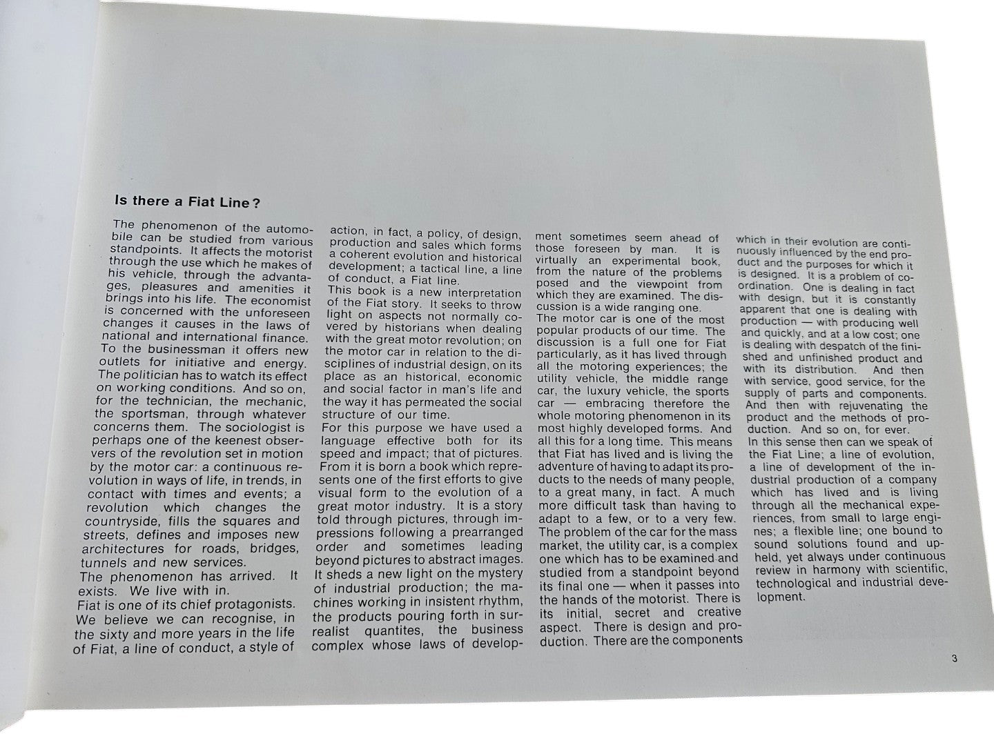 Automoto Bookshop Linea Fiat 1966 first edition hardcover book page showing text about automotive design philosophy