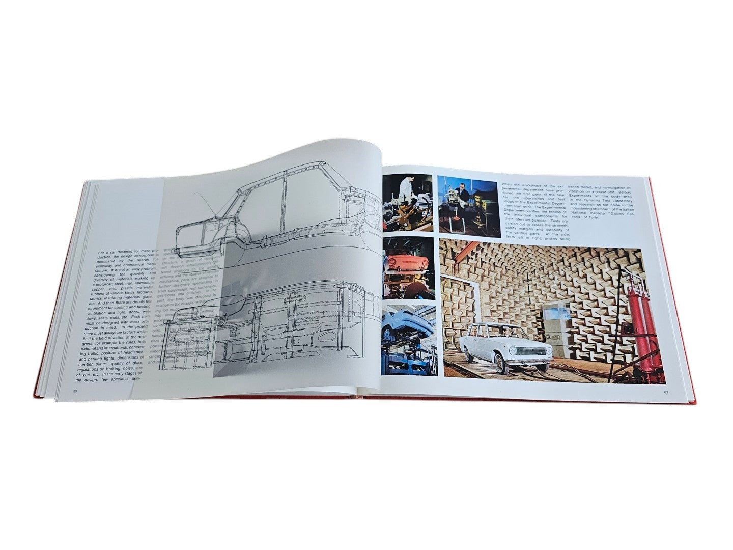 Automoto Bookshop Linea Fiat 1966 first edition hardcover open to pages showing technical car sketches and testing
