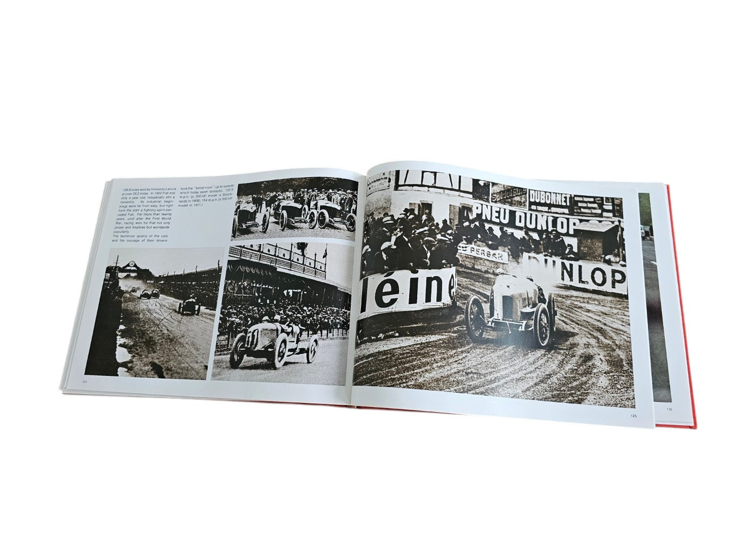 Automoto Bookshop Linea Fiat 1966 first edition hardcover book open to pages showing vintage black and white photos