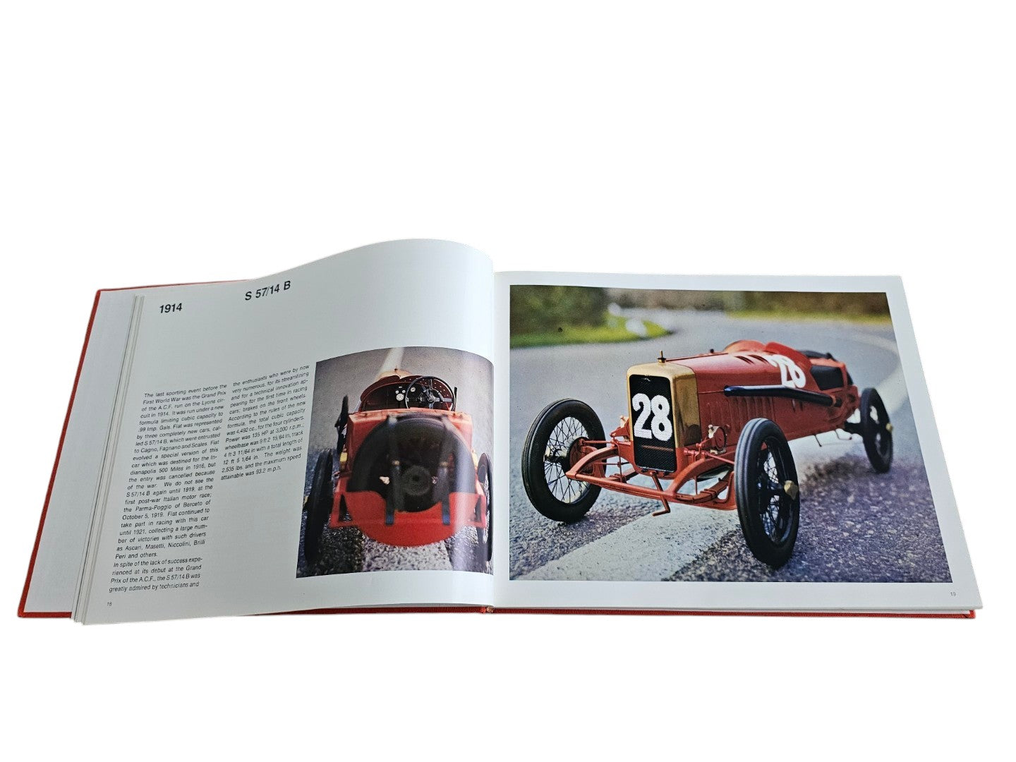 Automoto Bookshop Linea Fiat 1966 first edition hardcover open to a page showing a vintage red Fiat race car
