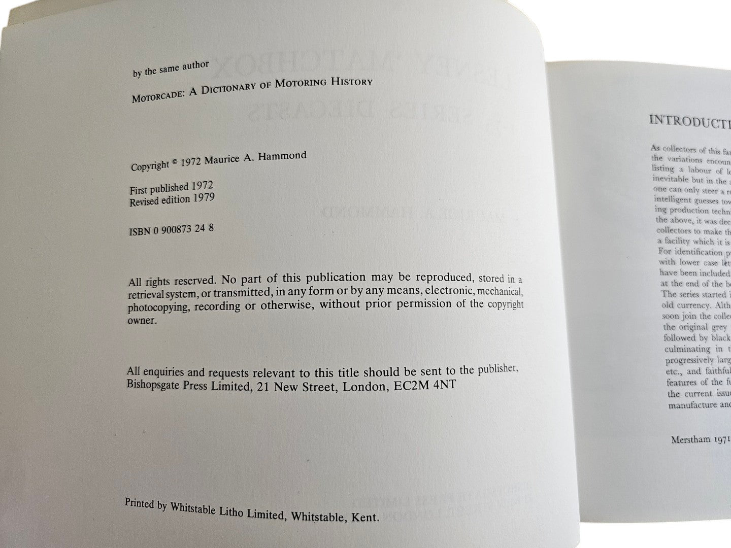 Automoto Bookshop copyright page of Lesney Matchbox 1-75 Series Diecasts book by Maurice A. Hammond