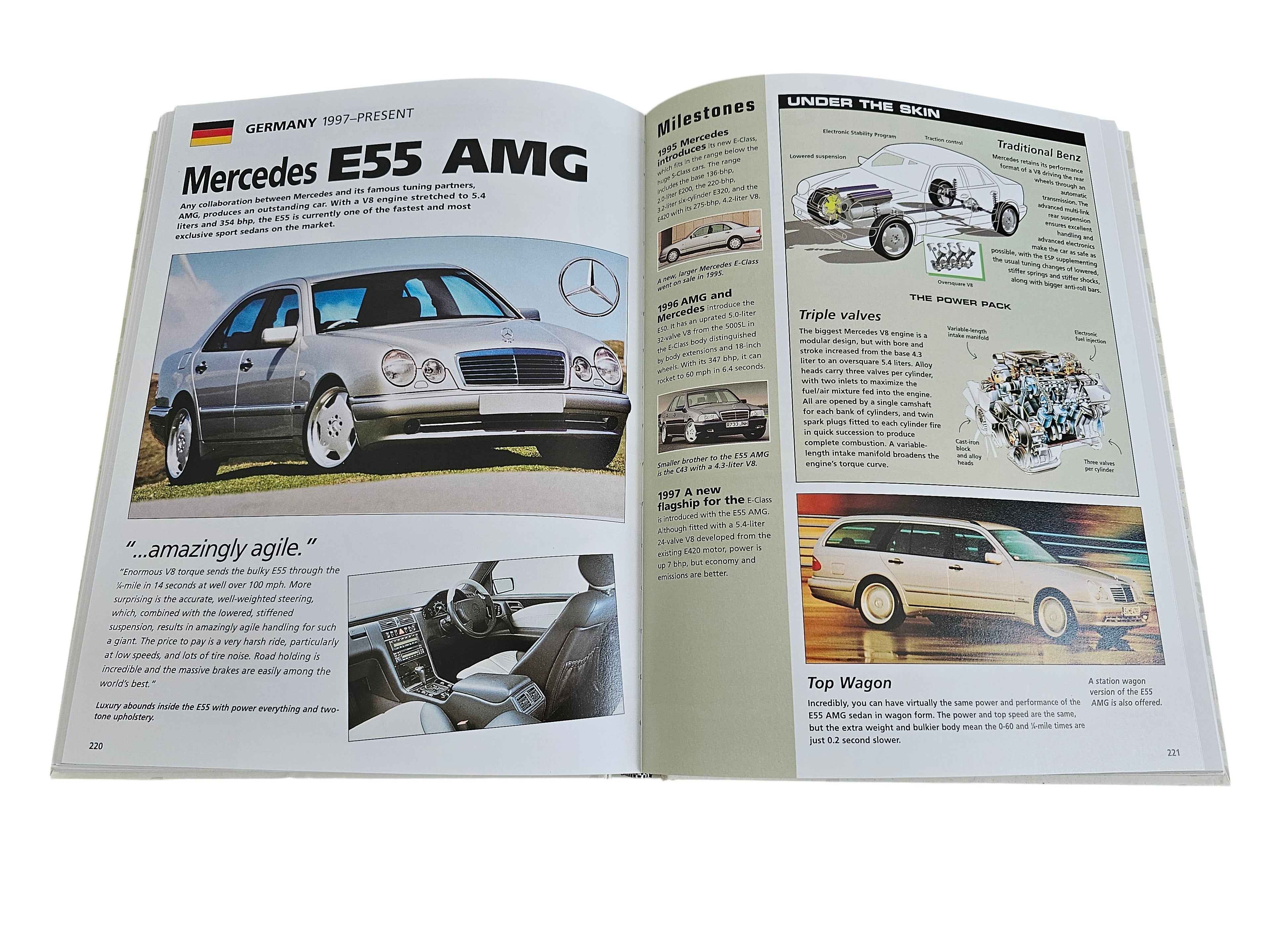 Automoto Bookshop hardcover book open to a page featuring the Mercedes E55 AMG with technical diagrams and photos.