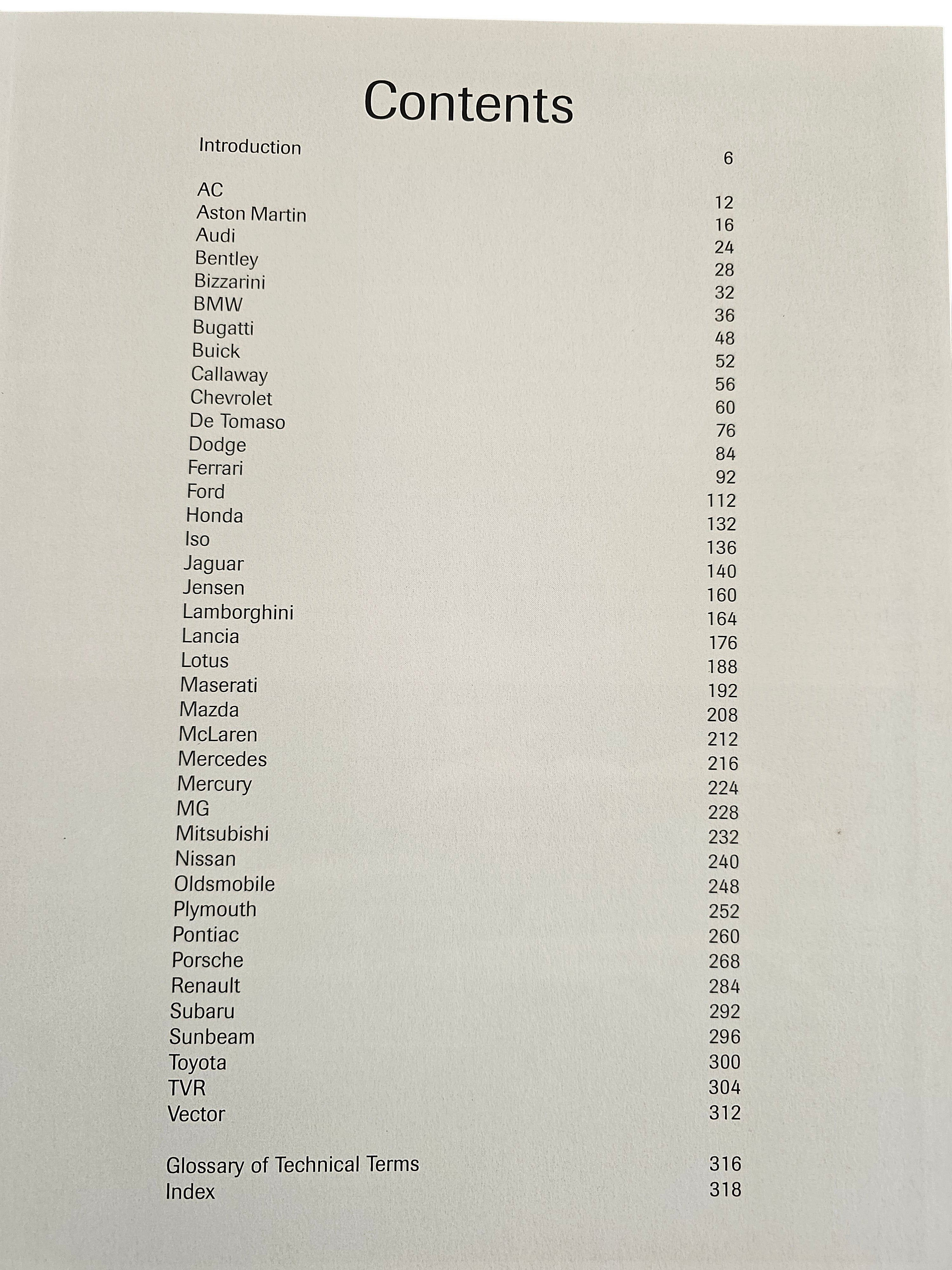 Automoto Bookshop Ultimate Performance Cars contents page listing automotive manufacturers from AC to Vector