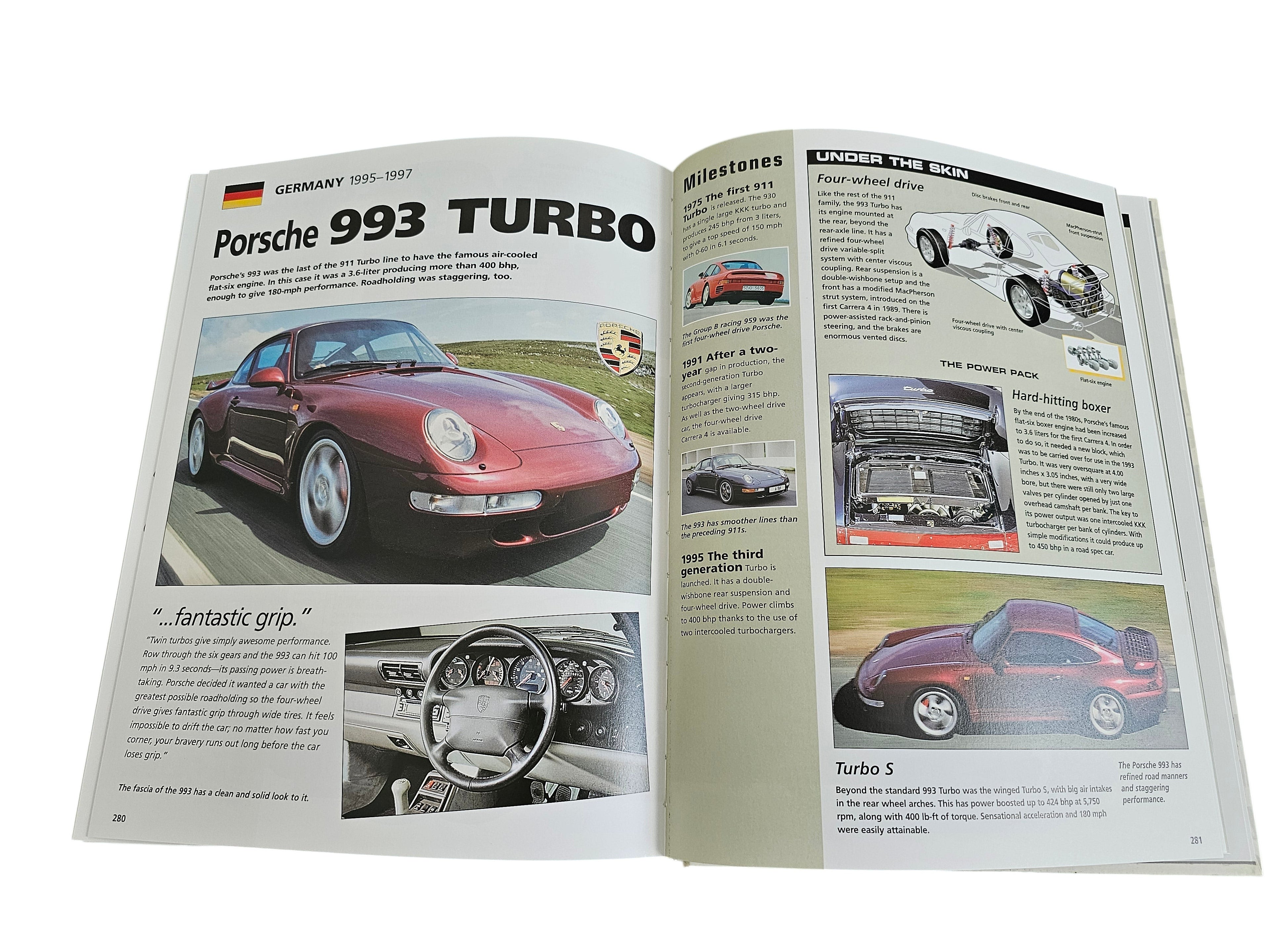 Automoto Bookshop Ultimate Performance Cars book open to the Porsche 993 Turbo page with photos and technical specs.