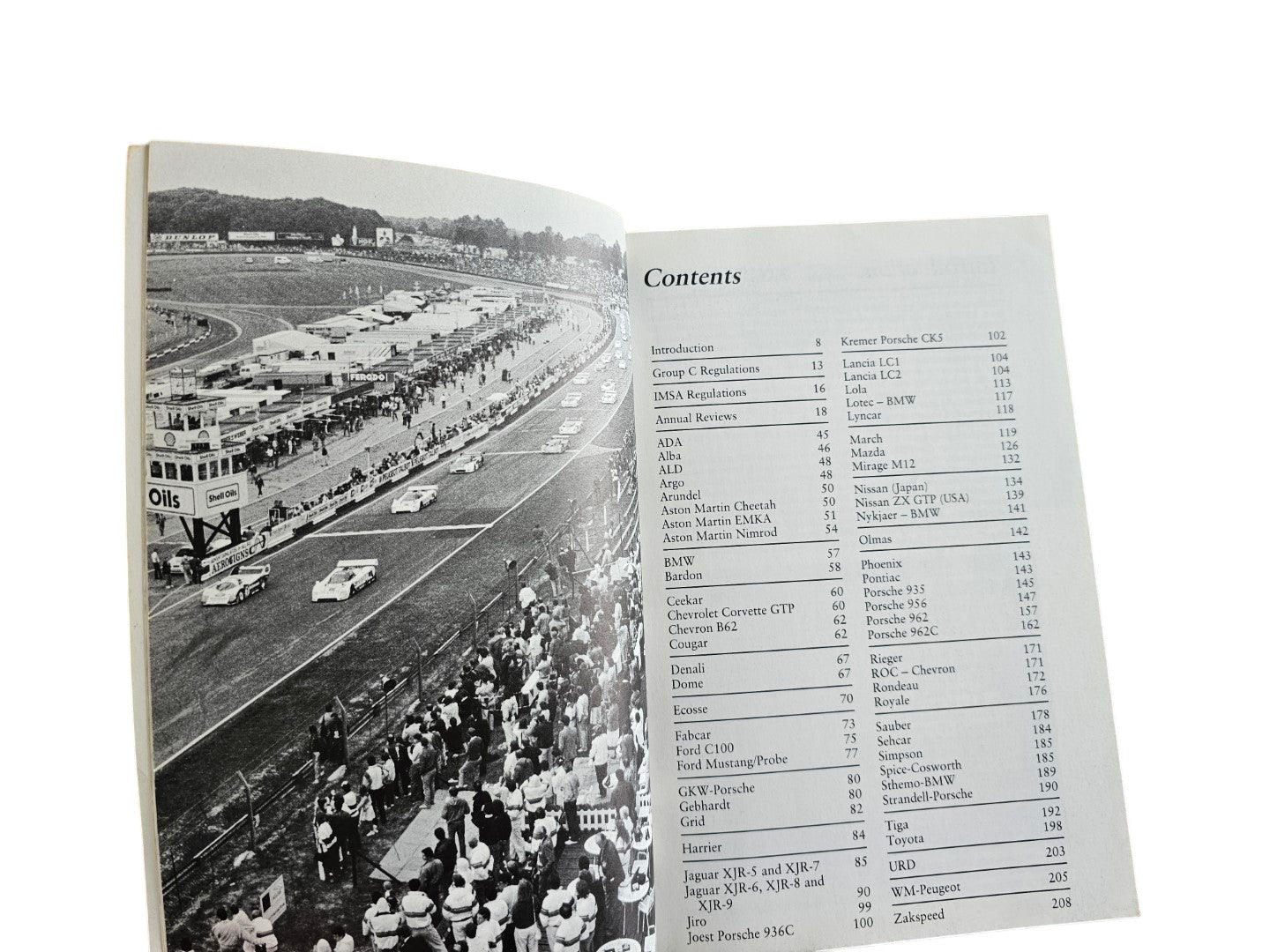 Automoto Bookshop Directory of World Sportscars 1982 contents page showing a black and white racing circuit photo