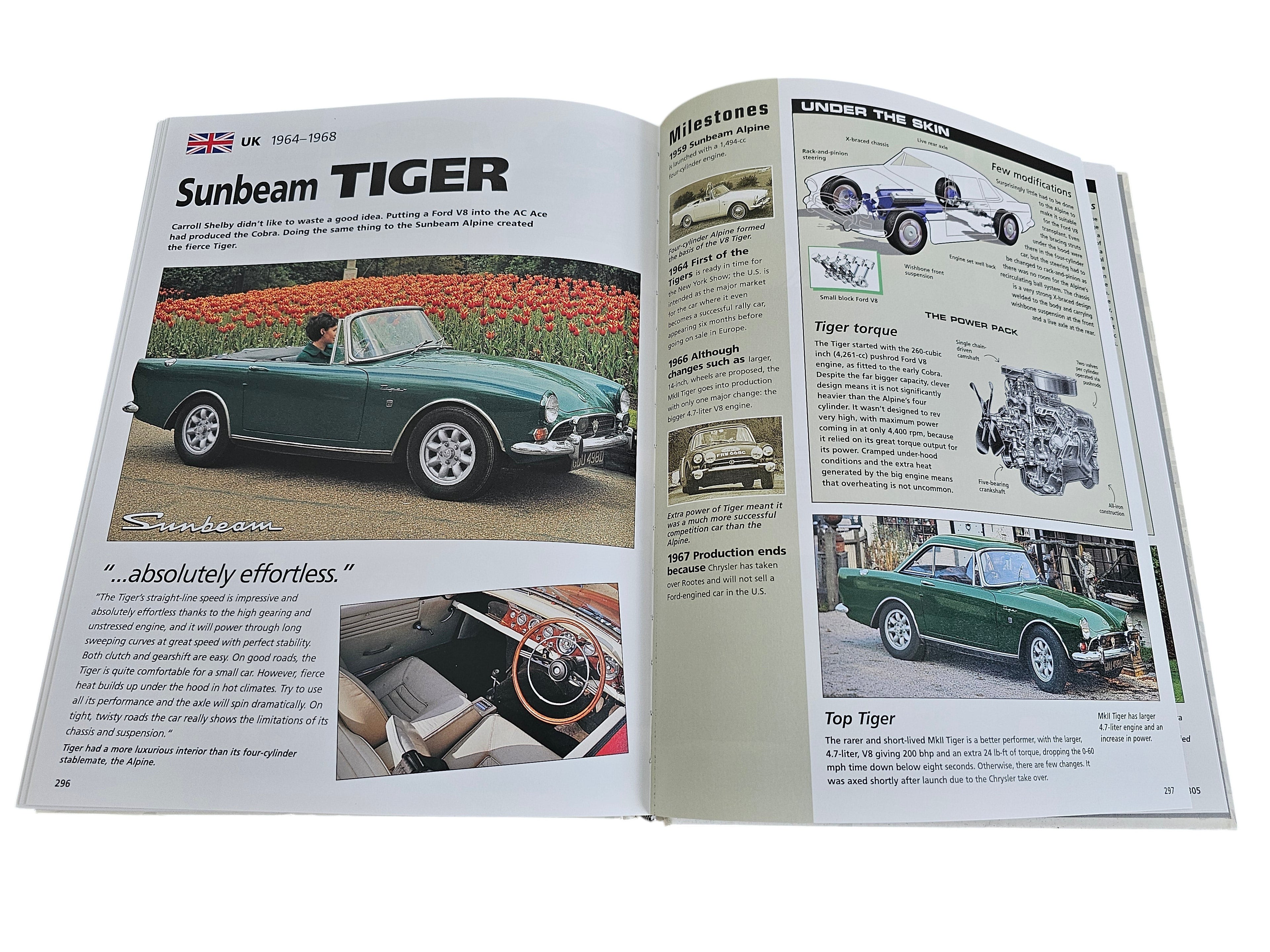 Automoto Bookshop hardcover book page showing the Sunbeam Tiger with historical photos and technical specifications.