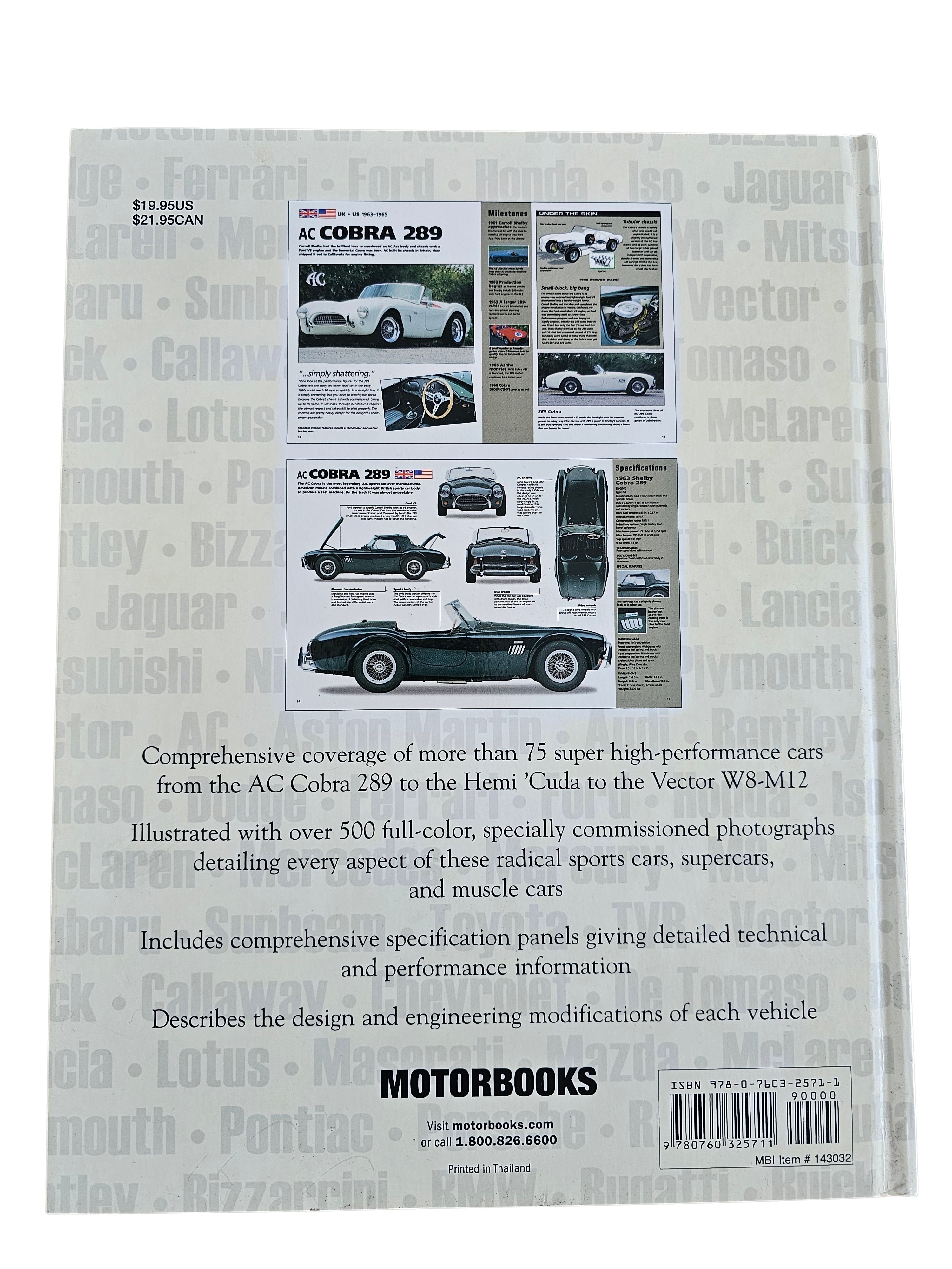 Back cover of Automoto Bookshop Ultimate Performance Cars book featuring AC Cobra 289 photos and technical specs.