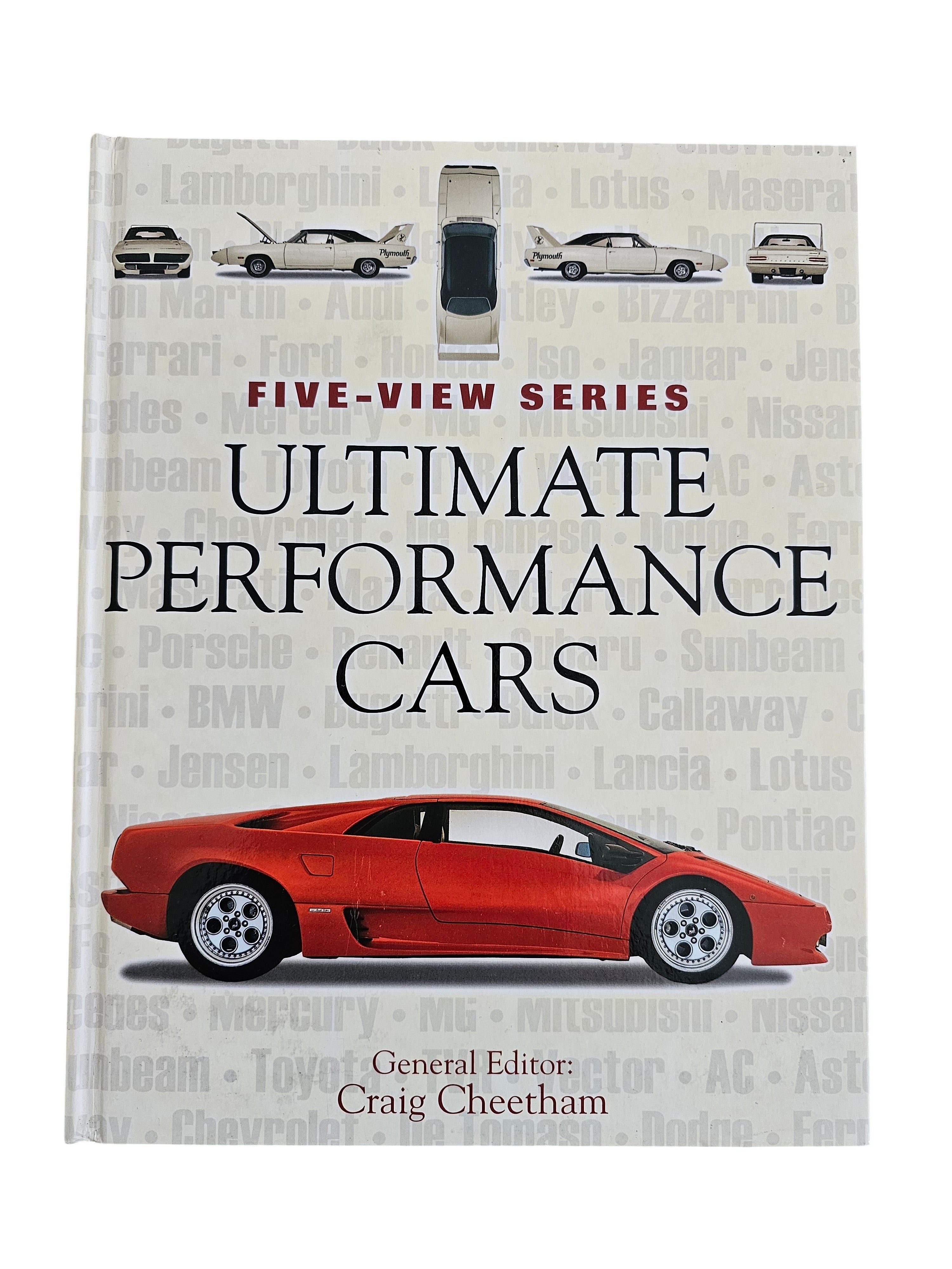 Automoto Bookshop Ultimate Performance Cars hardcover book featuring a red supercar on the cover and five-view imagery.