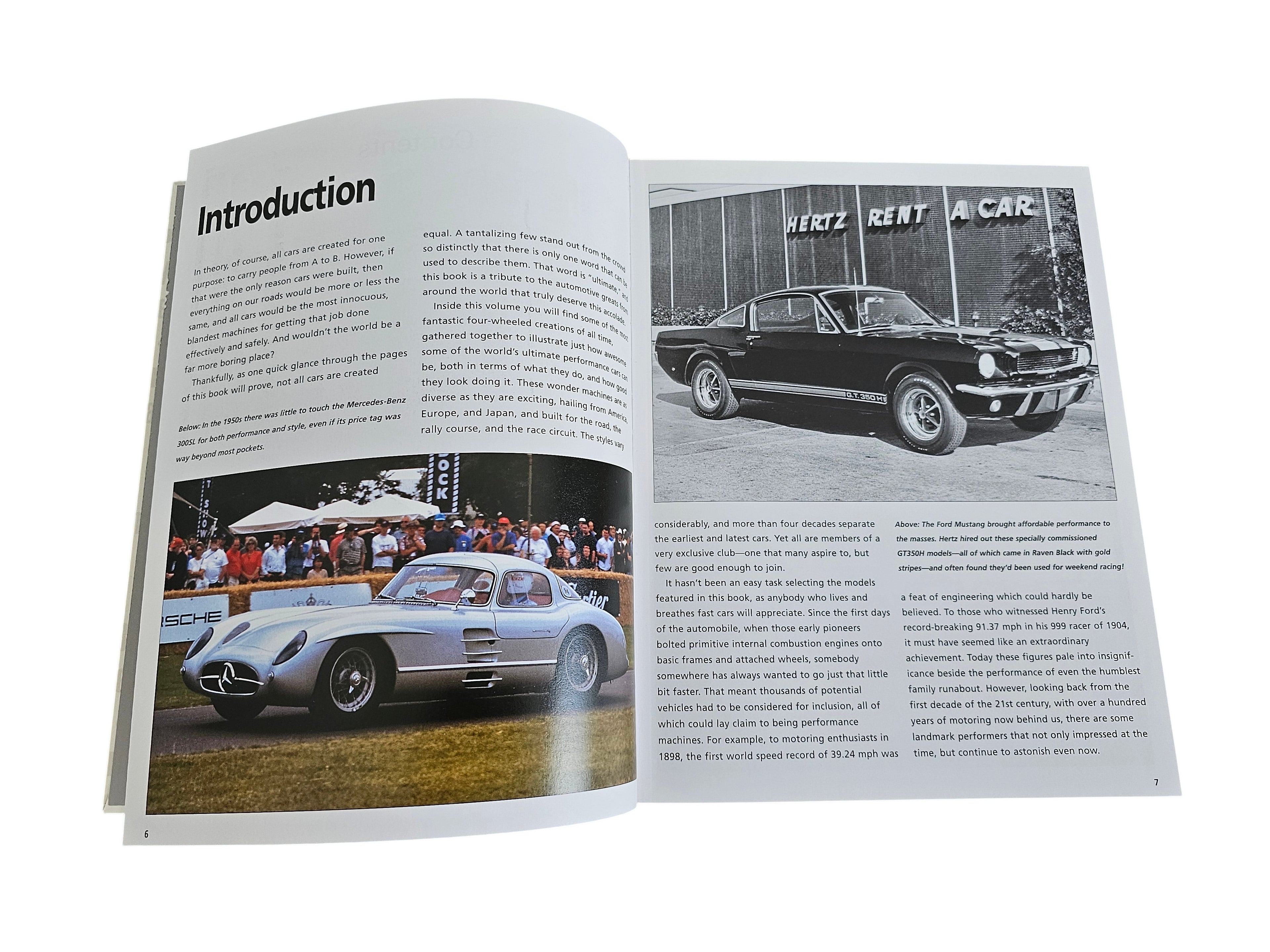 Automoto Bookshop Ultimate Performance Cars book open to pages showing a vintage Mercedes-Benz and a Ford Mustang