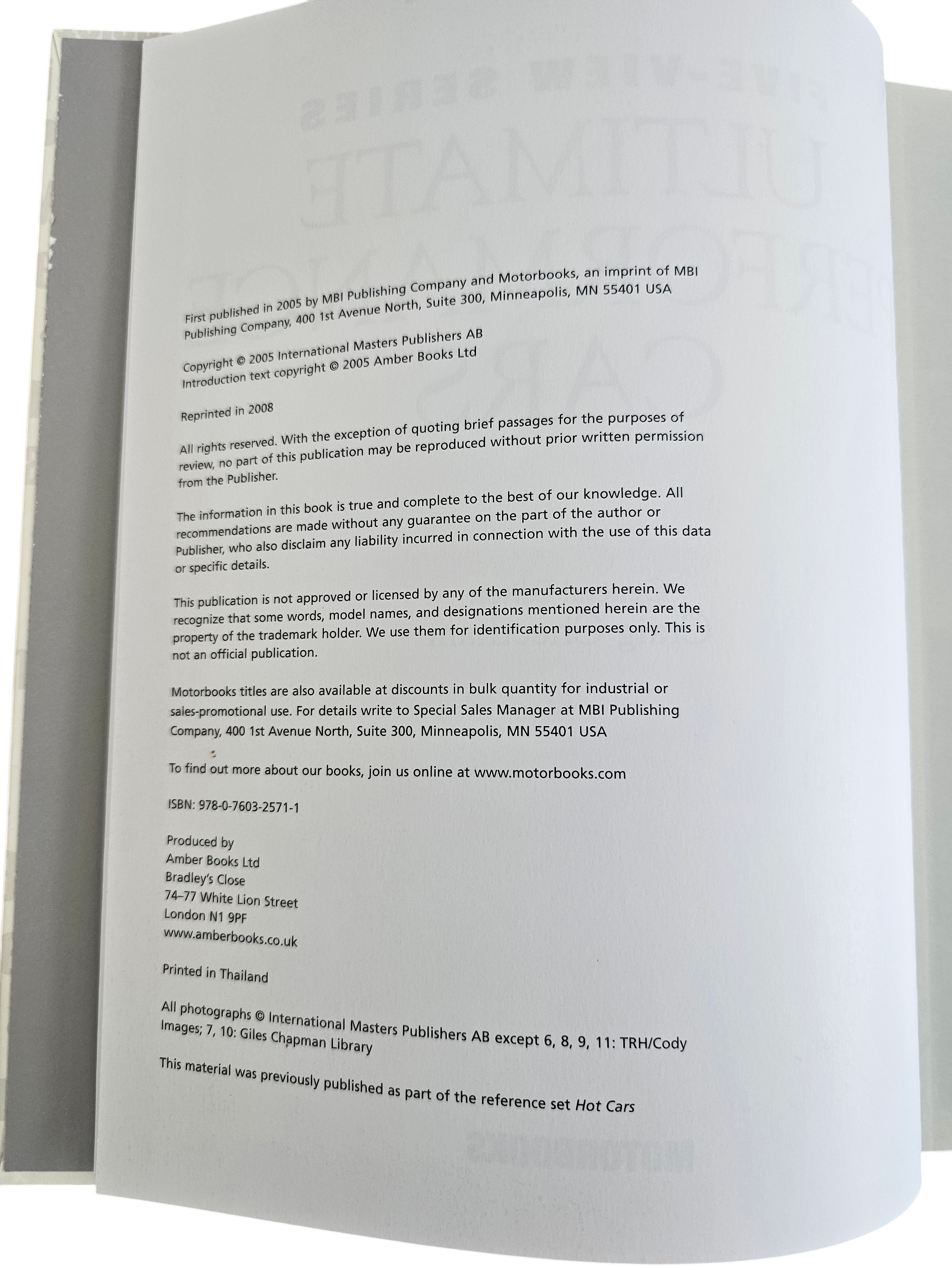 Copyright and publication details page of the Automoto Bookshop Ultimate Performance Cars hardcover book