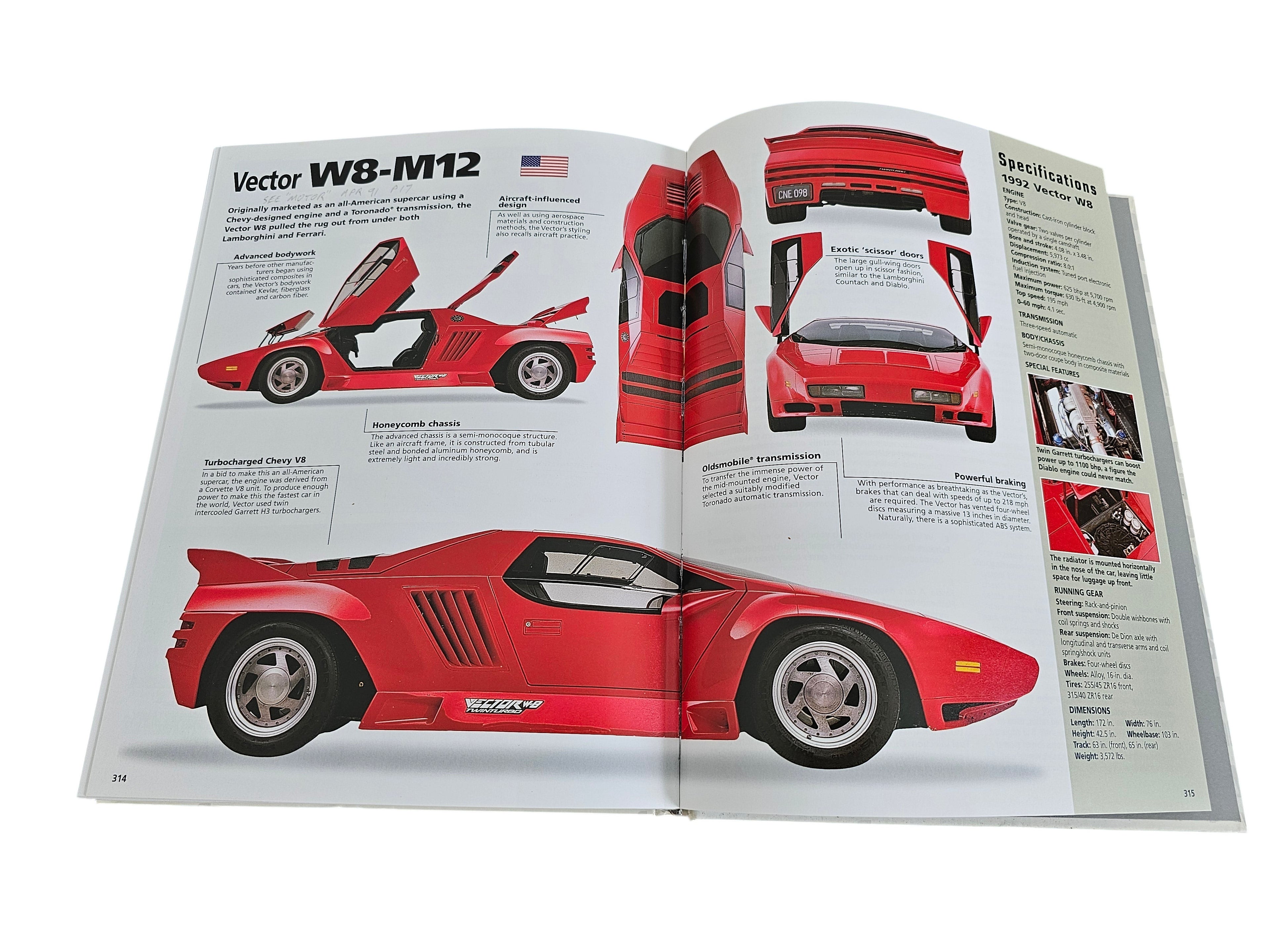 Automoto Bookshop hardcover book open to a page featuring the red Vector W8-M12 supercar with technical specifications.