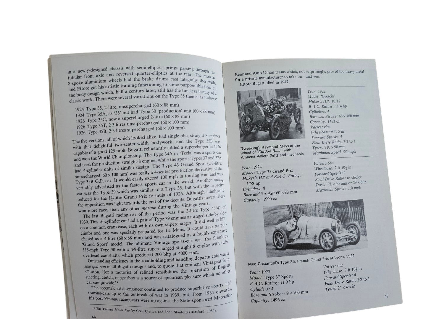 Automoto Bookshop vintage sports and racing car guide featuring historical text and black and white car photos