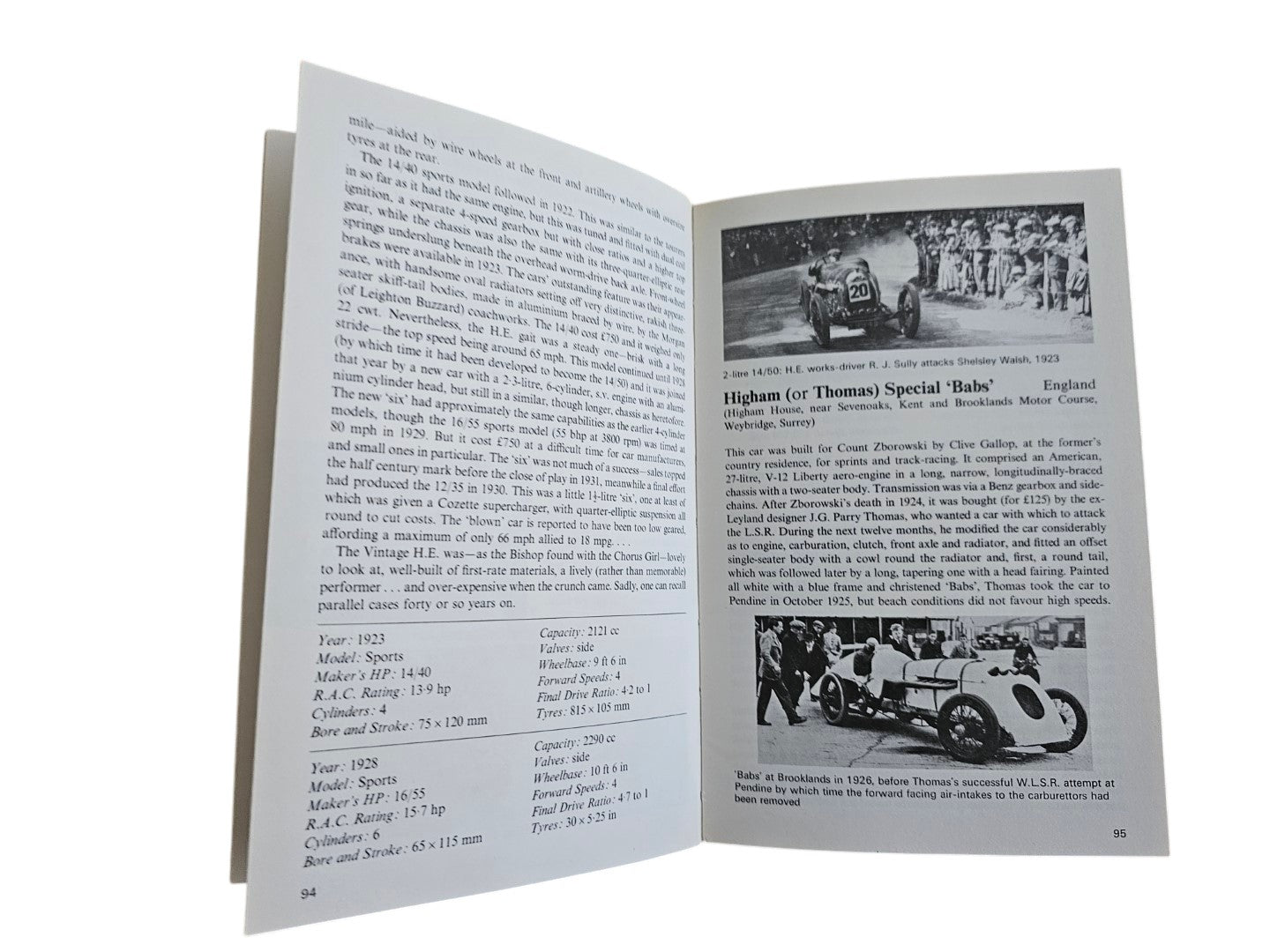 Automoto Bookshop vintage sports and racing car guide open to page 95 featuring historical photos and specifications.