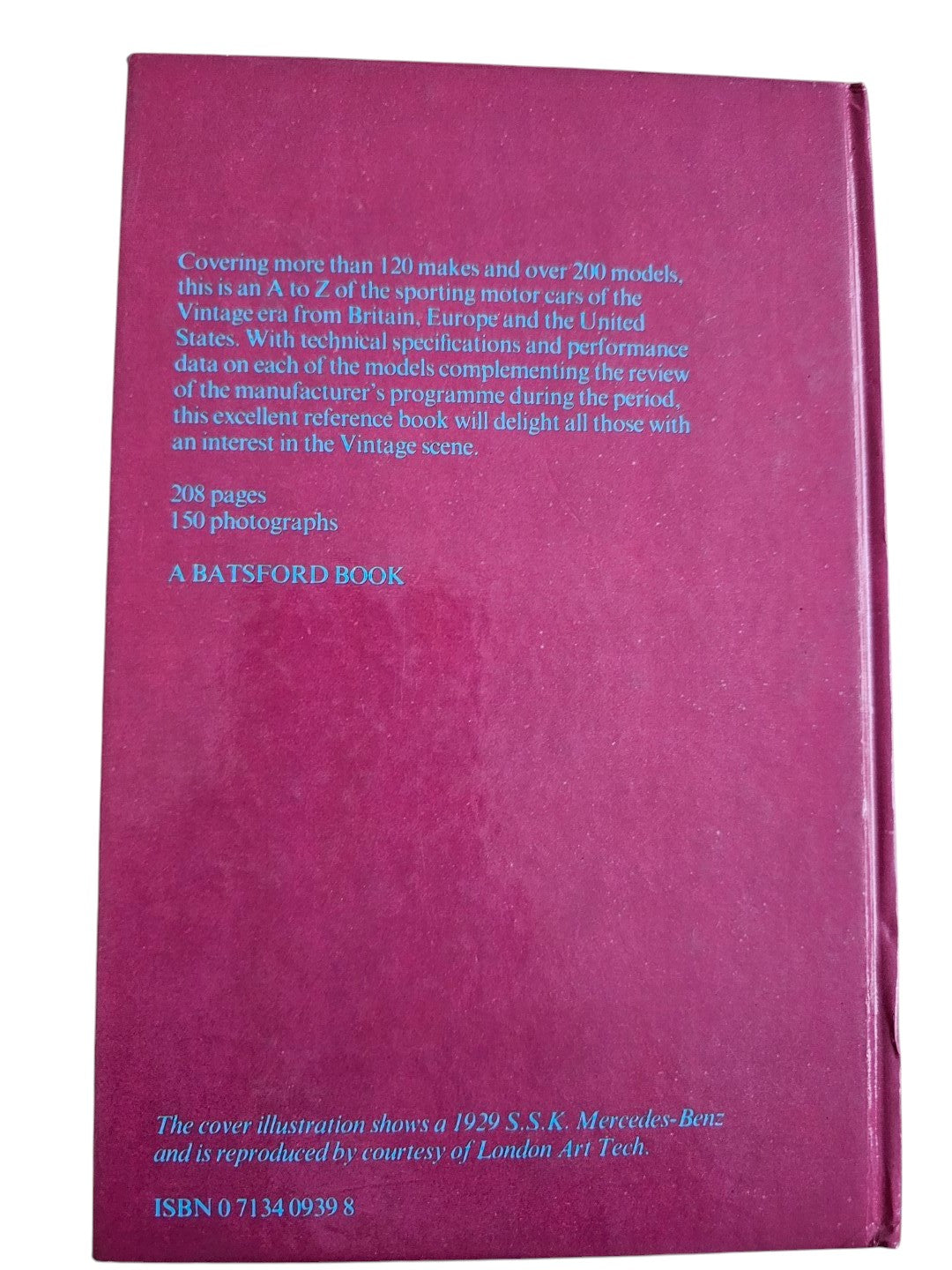 Back cover of Automoto Bookshop vintage sports and racing cars guide by Anthony Harding in magenta with blue text.