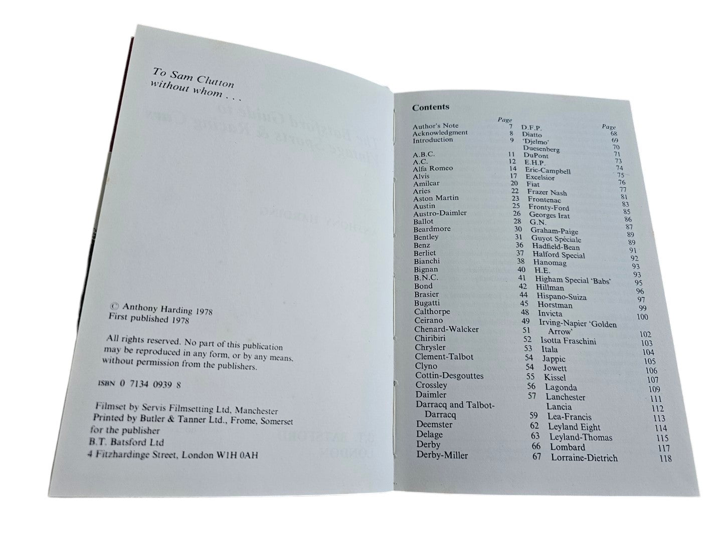 Automoto Bookshop vintage sports and racing cars guide contents page showing alphabetical list of classic car makes