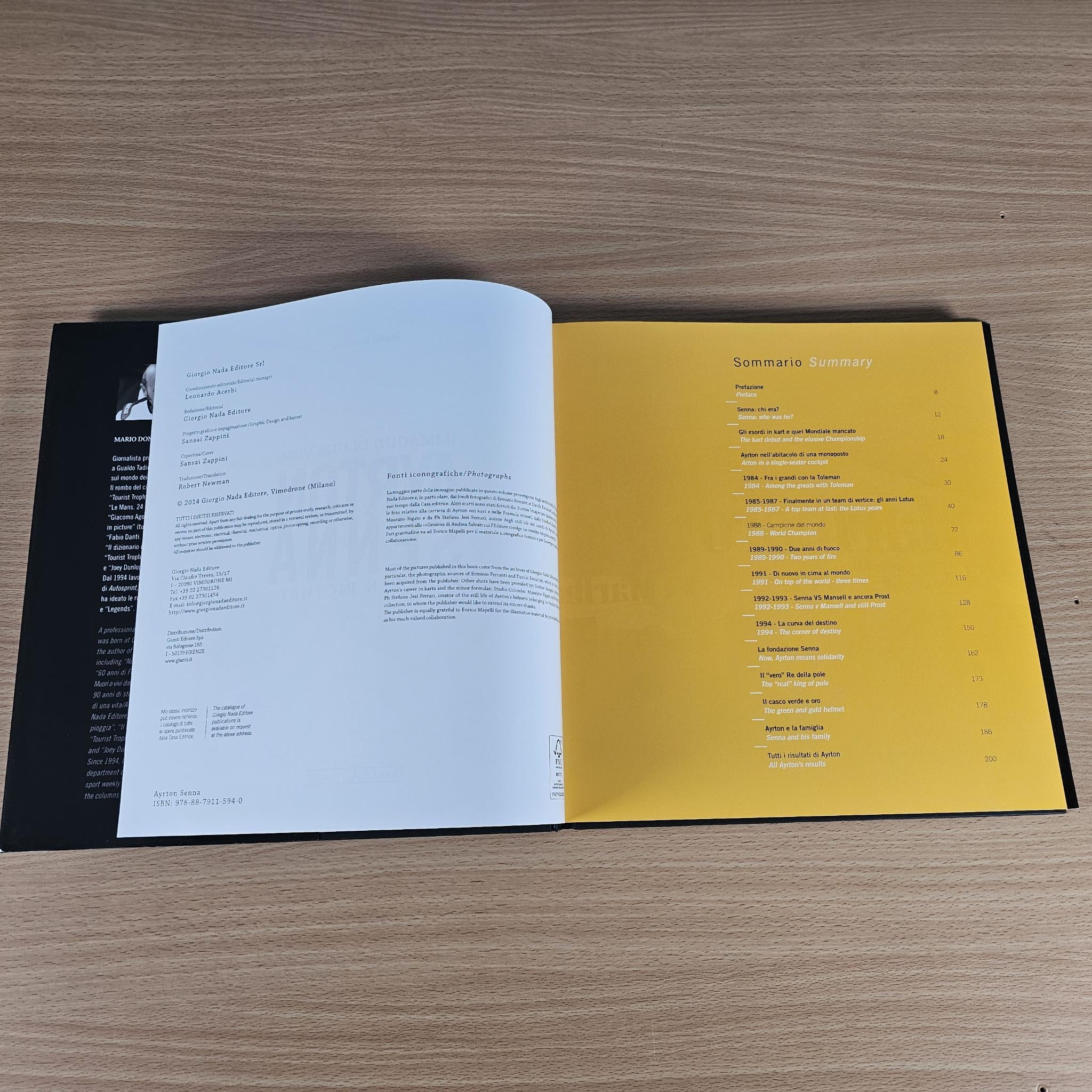 Open hardcover book with white pages and yellow summary section on the right.