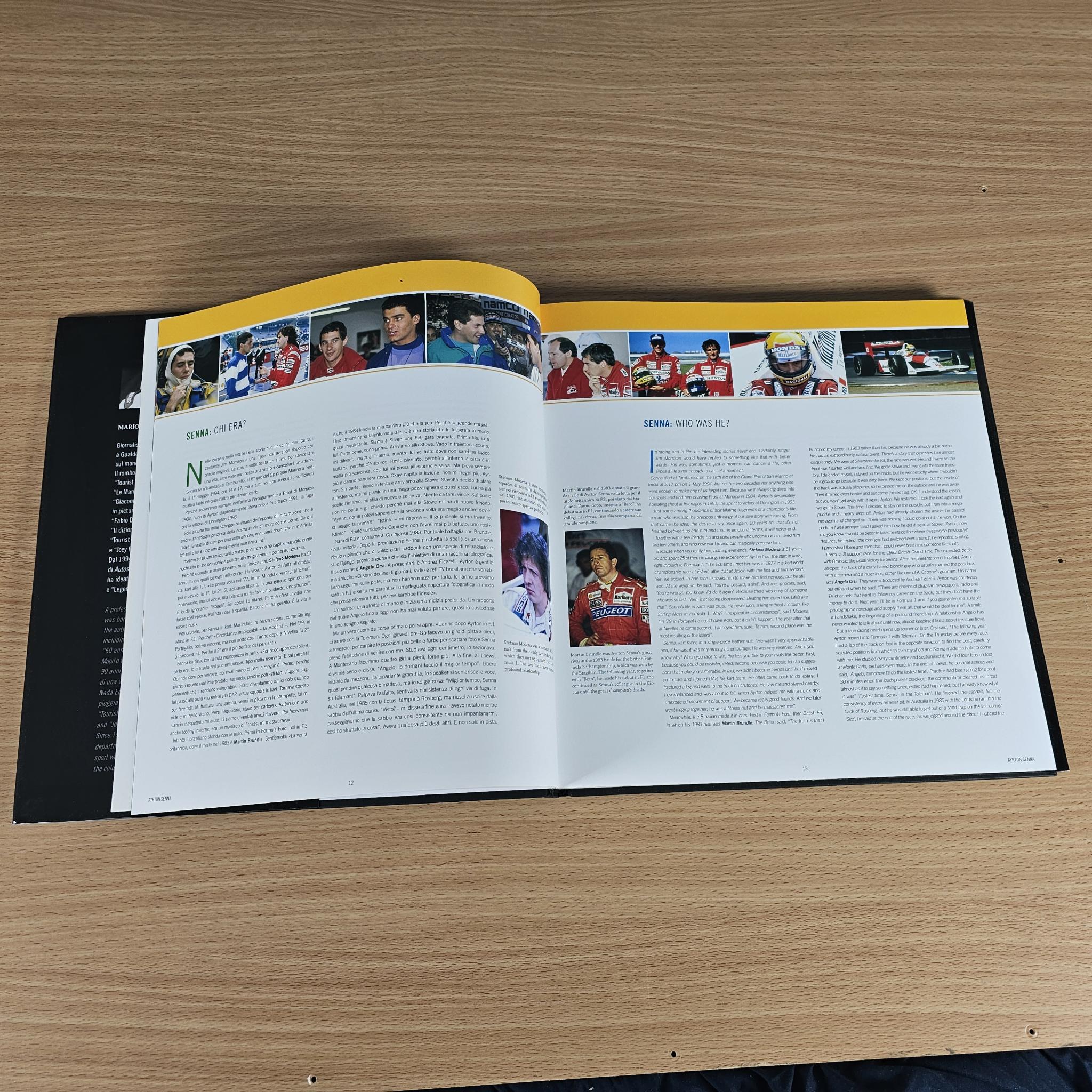Open hardcover book spread with photo collage header and two columns of text.