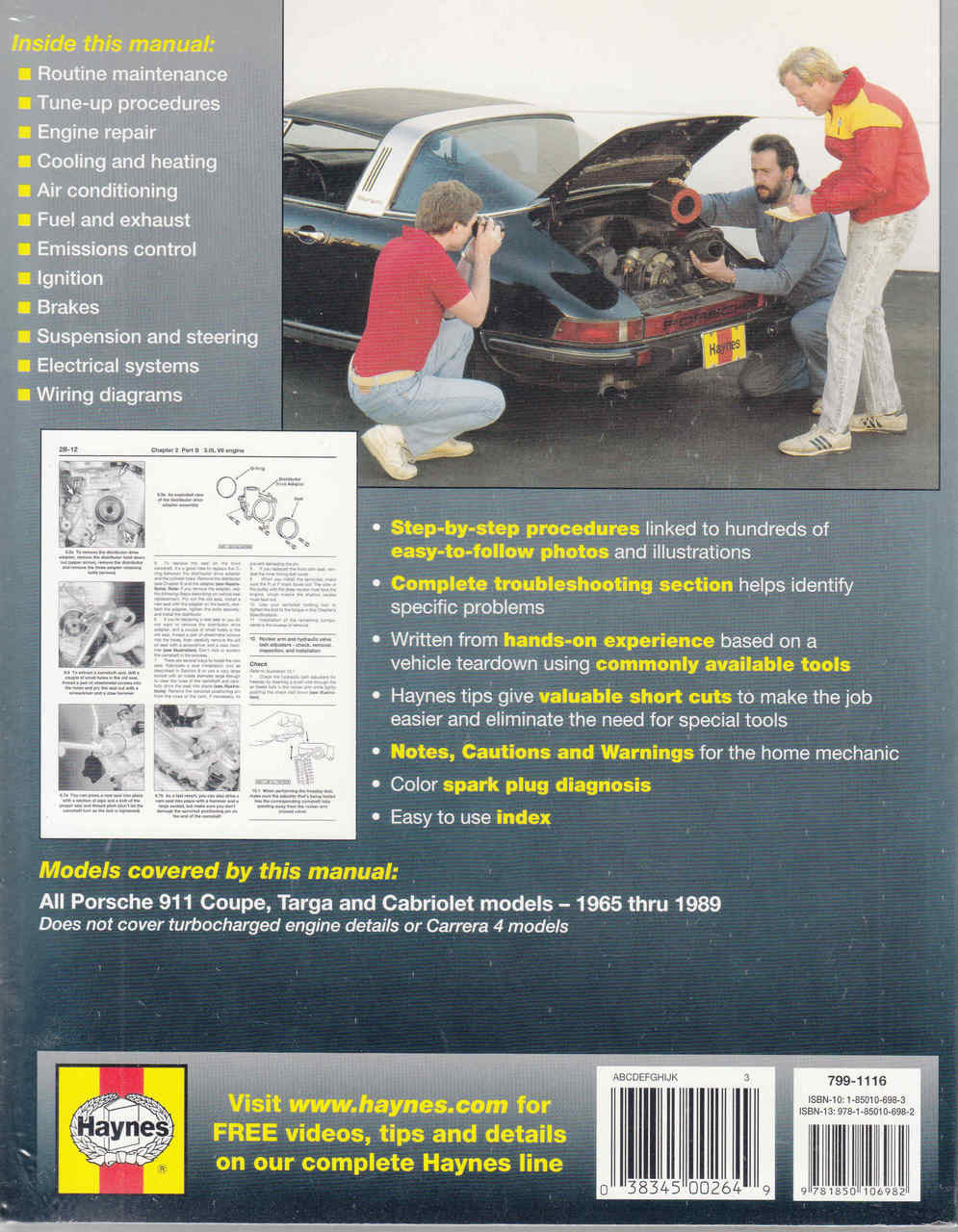 Car repair manual page with engine bay photo and step-by-step procedure notes