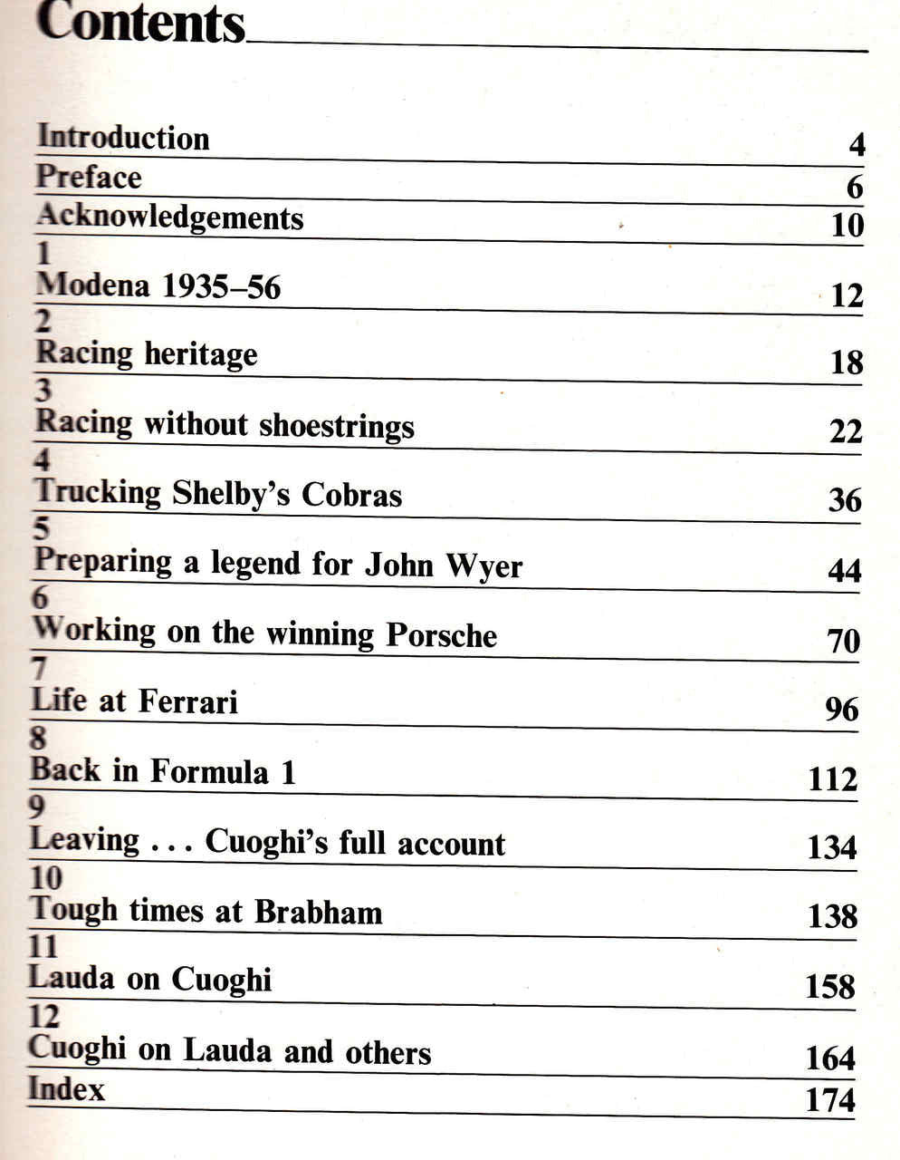 Book table of contents page with sections and page numbers in black text