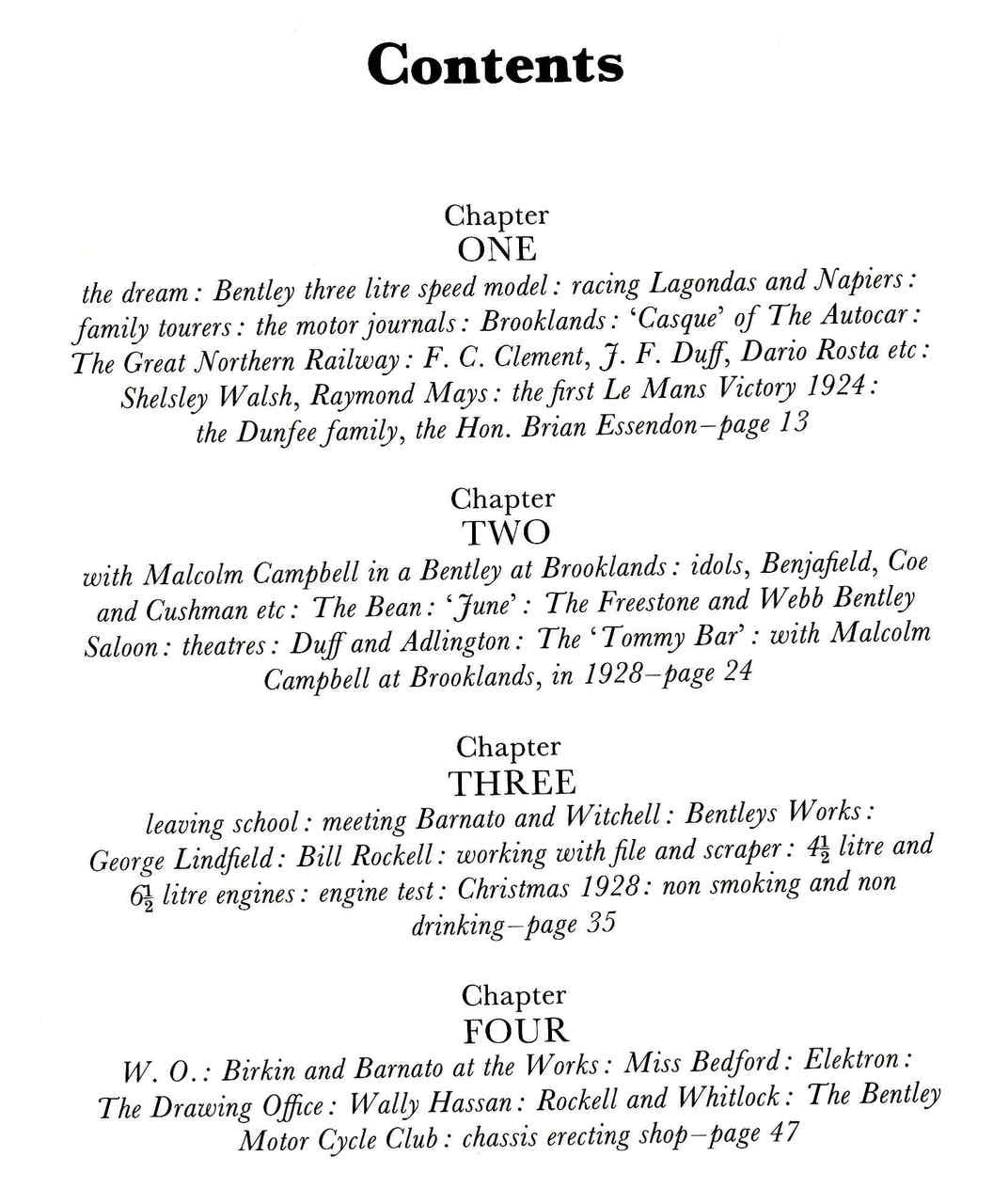 Book contents page with chapter headings and page numbers in printed text.