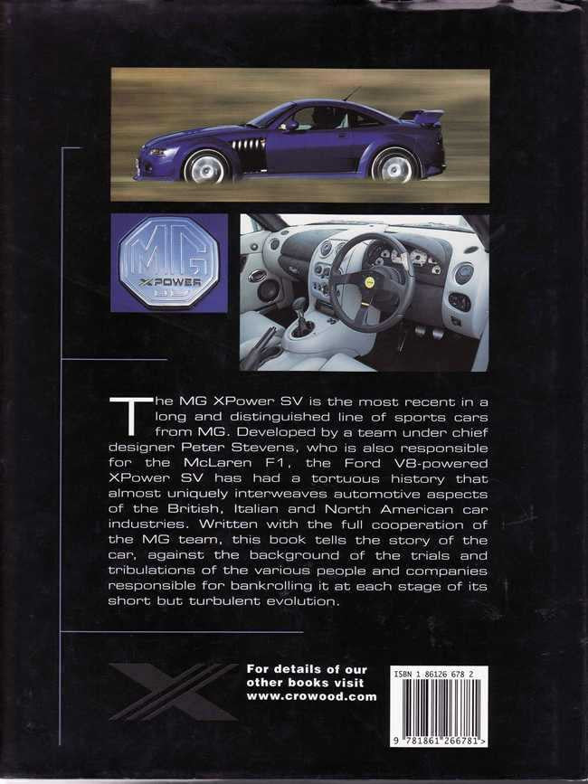 MG XPower SV book back cover with blue car, interior photo, and text blocks