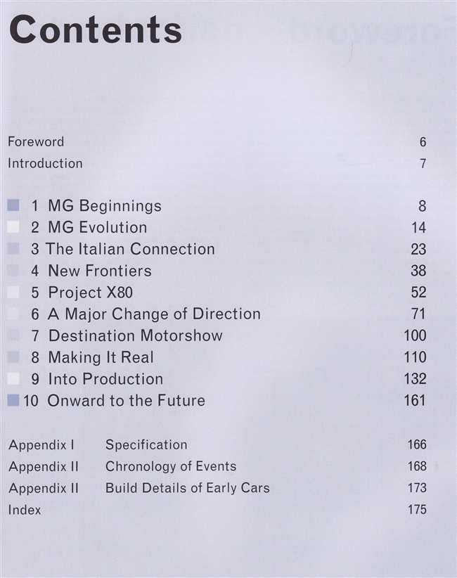 MG XPower SV book contents page with chapter list, appendixes, and index