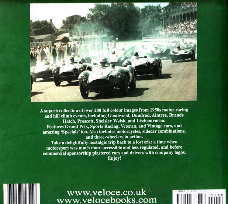 Motorsport photo book cover with vintage racing cars and barcode on back