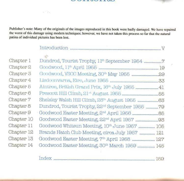 Book contents page with chapter list, page numbers, and index section