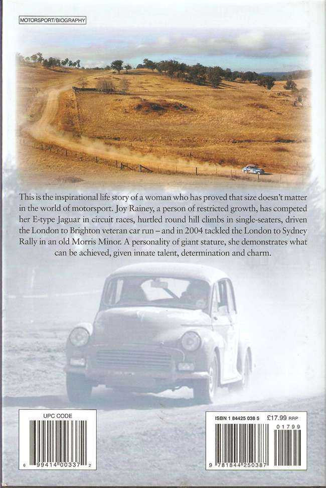 Motorsport memoir book, back cover with car photo and text blocks