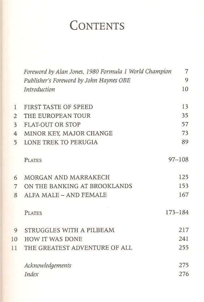 Motorsport memoir book, contents page with chapter list and page numbers