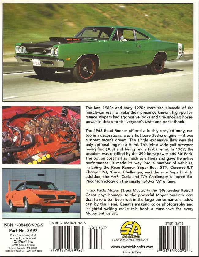 Vintage Mopar Six-Pack book spread with green muscle car and engine photo