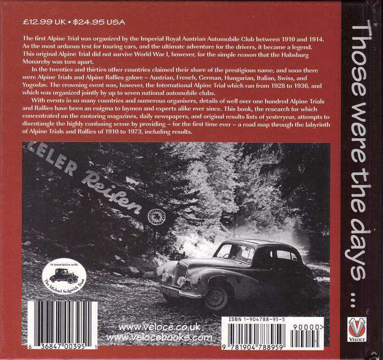Paperback book back cover with vintage rally cars, barcode, and printed summary text