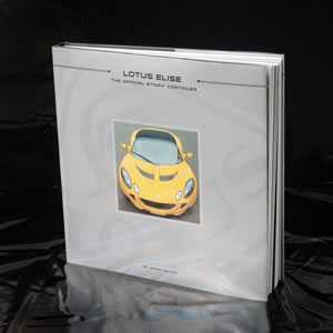 Lotus Elise story book with white cover and yellow cartoon car logo