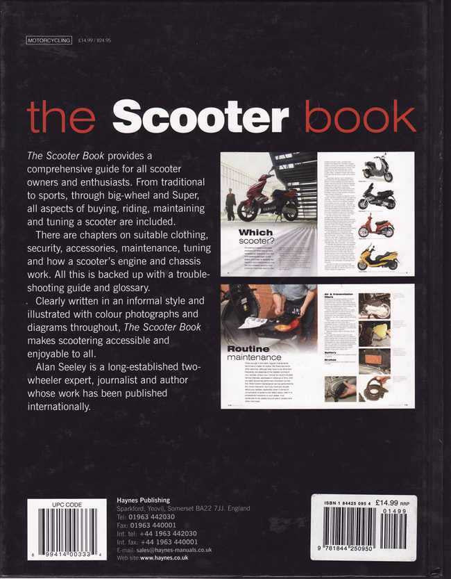 Scooter guide book back cover with barcodes and overview text