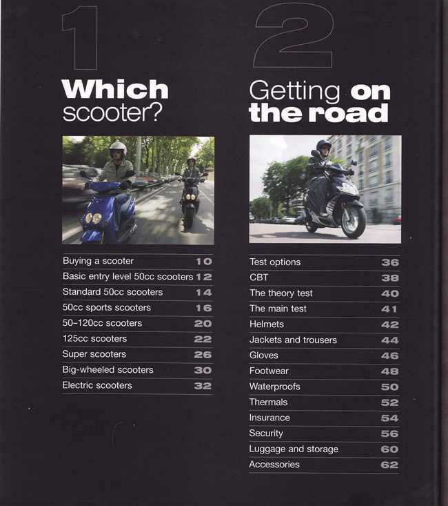 Scooter book contents page with headings “Which scooter?” and “Getting on the road”