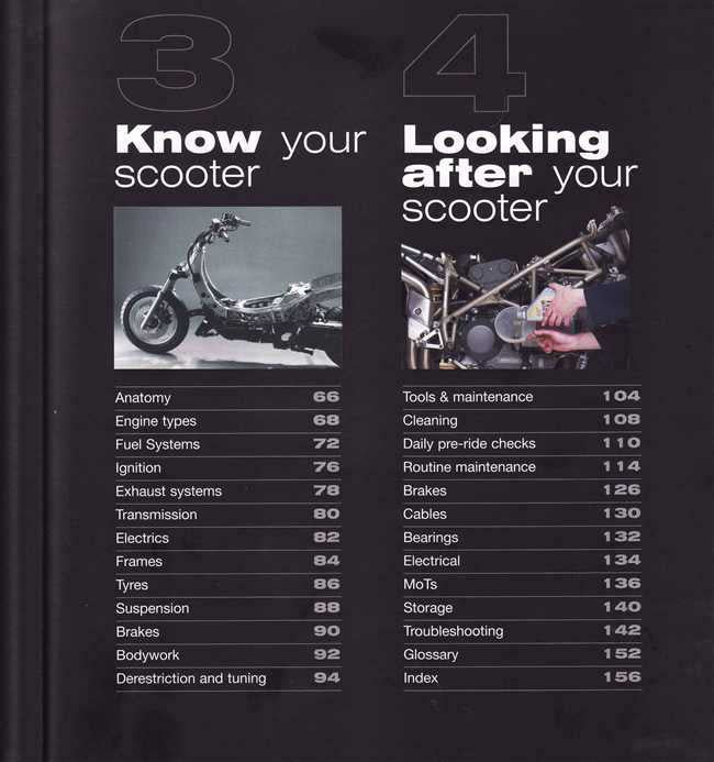 Scooter book contents page with sections “Know your scooter” and “Looking after your scooter”