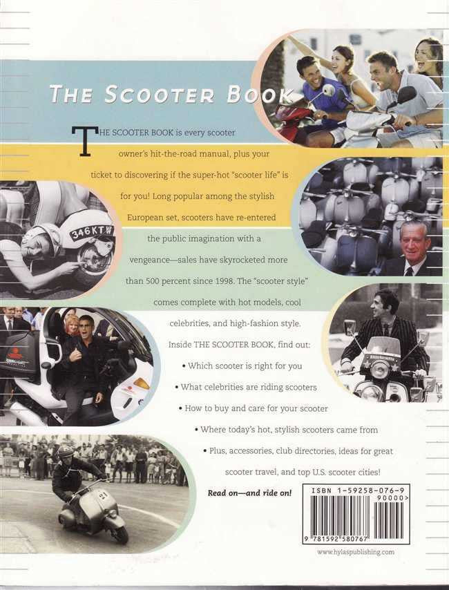 Scooter book back page with scooter photos, description text, and barcode