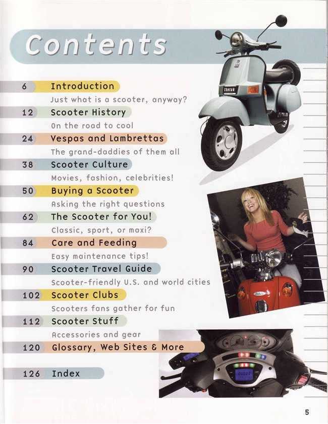 Scooter book contents page with list headings and scooter illustration at top right
