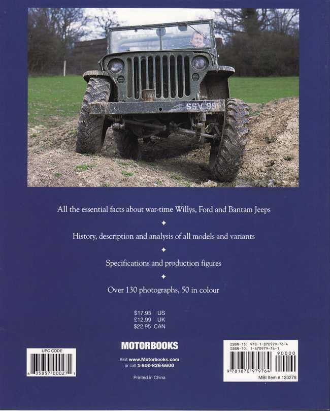 Essential Military Jeep book back cover with photo of vintage jeep front and specs text